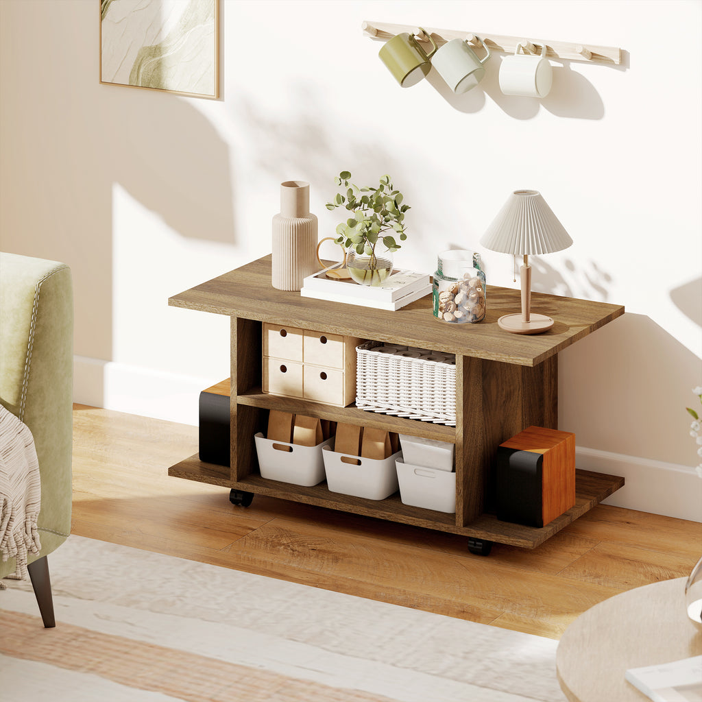 HOMCOM Modern TV Stand with Shelves, Swivel Wheels and Brakes, 80x40x40 cm, Walnut Color