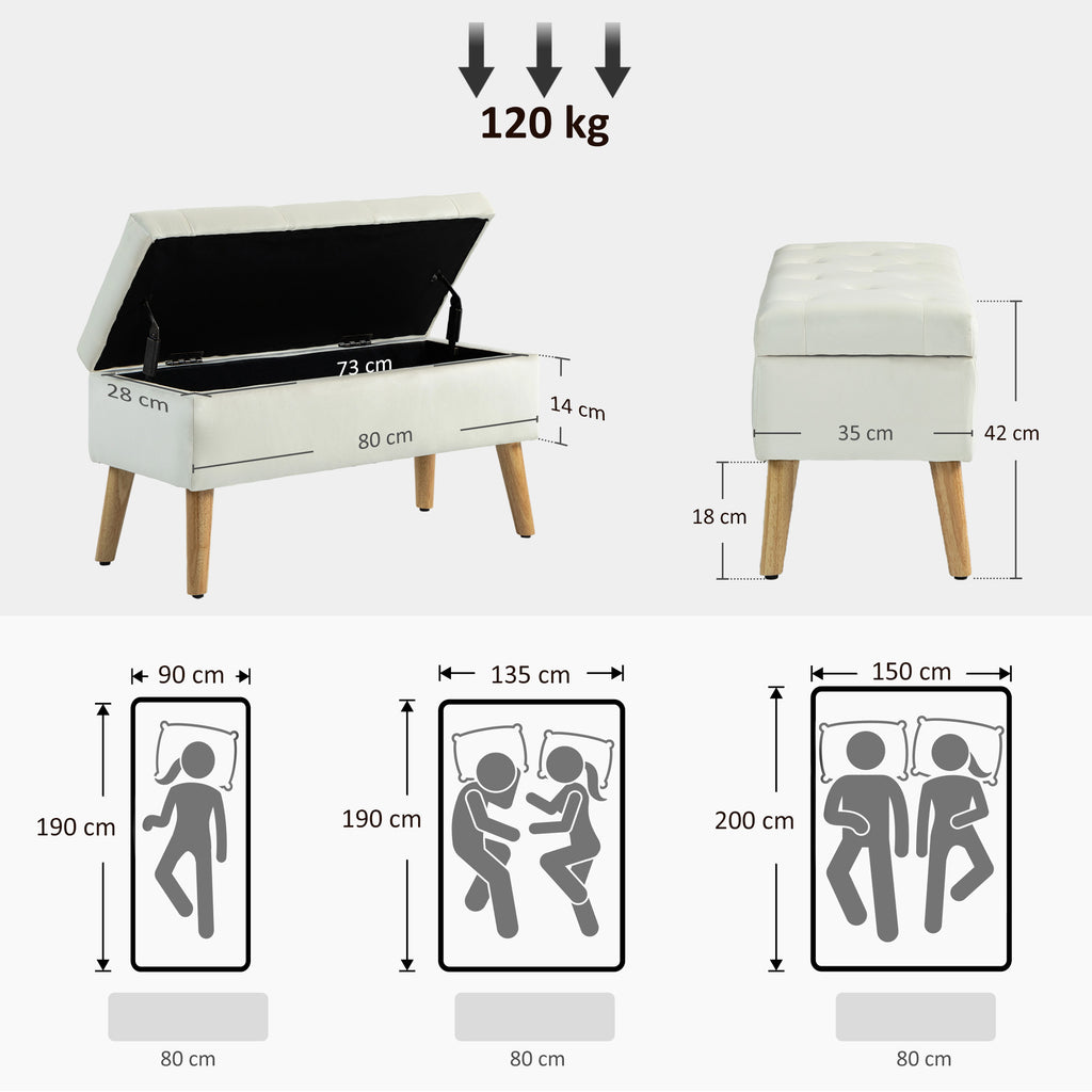 HOMCOM Storage Chest Pouf Footstool 80x35x42 cm in Velvet, Rubber Wood Legs, Cream