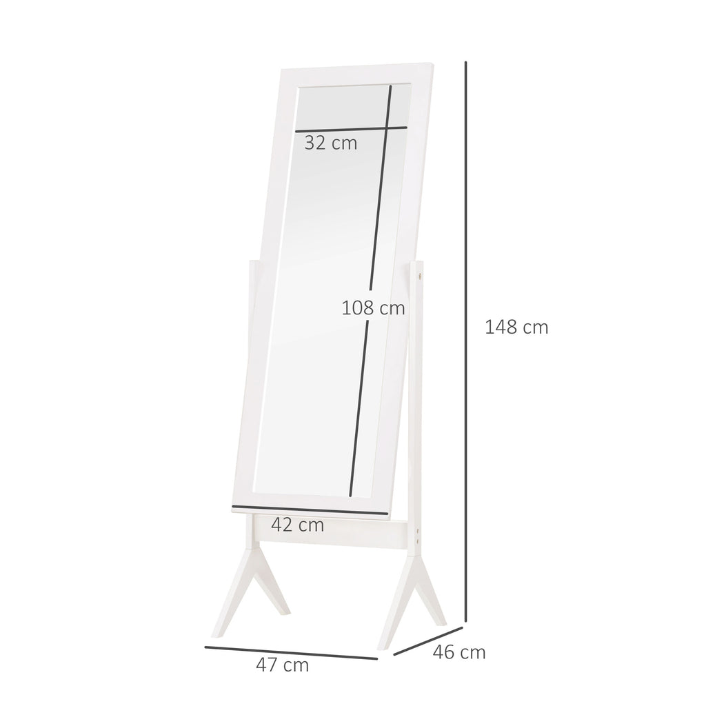 Full-Length Mirror with 4 Legs and Adjustable Angle, Wood and Glass, 47x46x148 cm, White