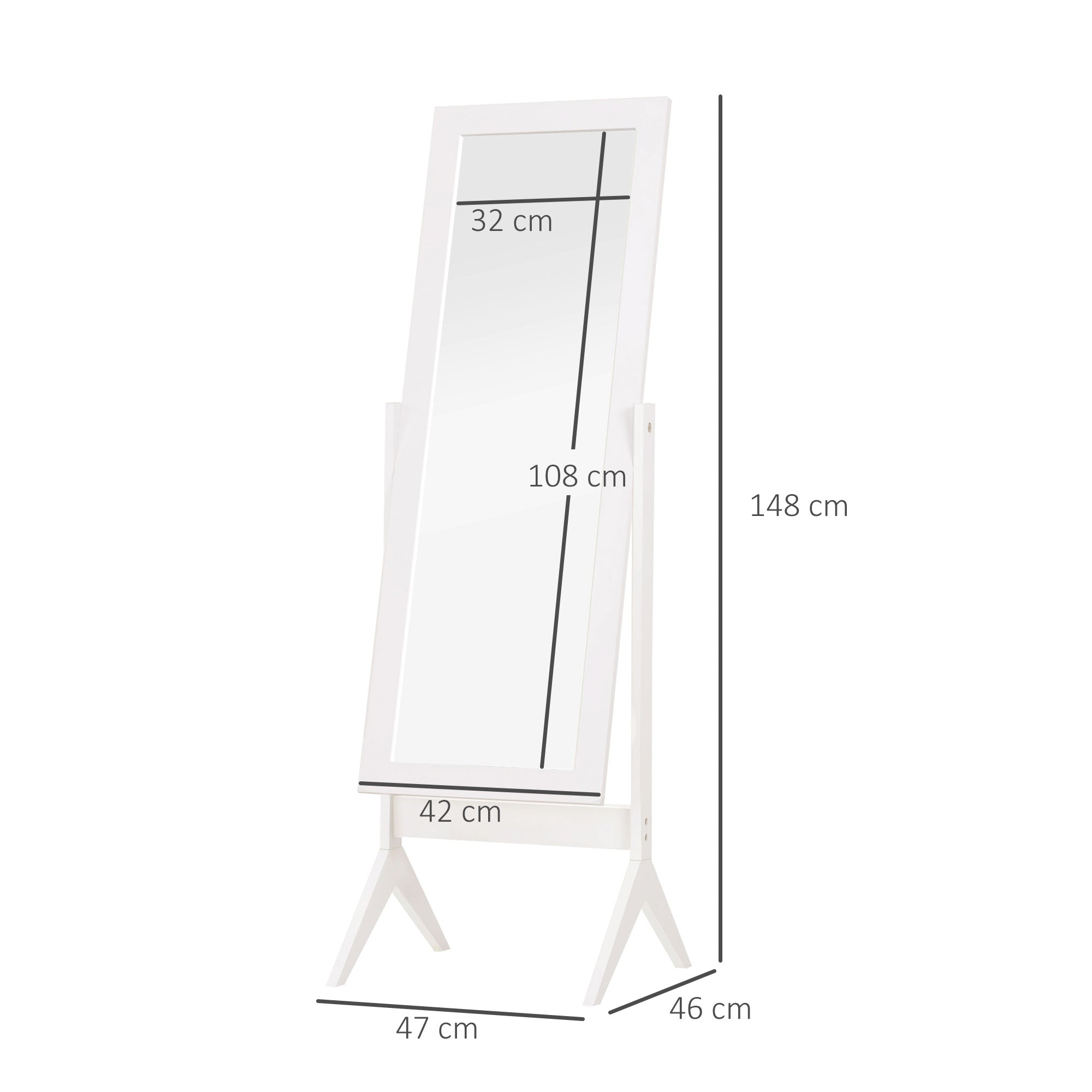 Full-Length Mirror with 4 Legs and Adjustable Angle, Wood and Glass, 47x46x148 cm, White