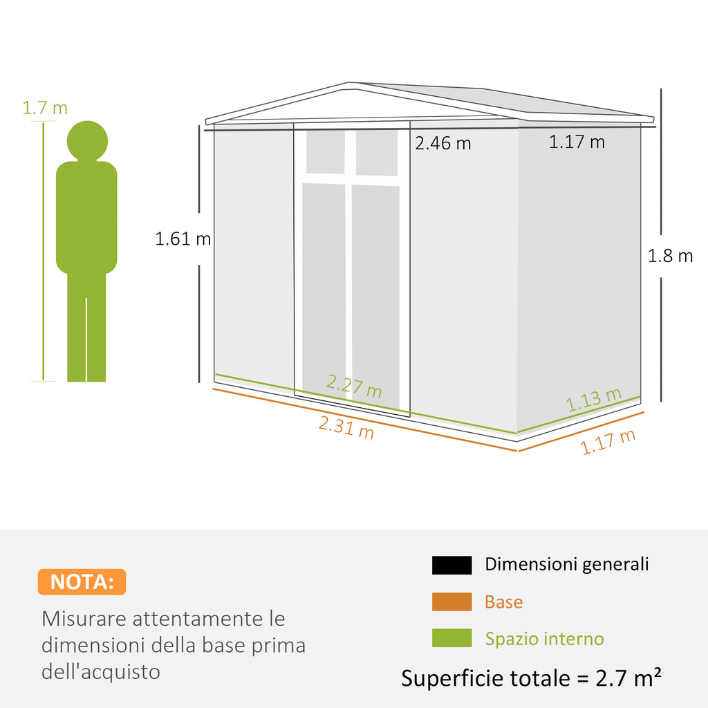 Garden Tool Shed in Galvanized Steel with 2 Doors, 246x117x180 cm, Dark Grey