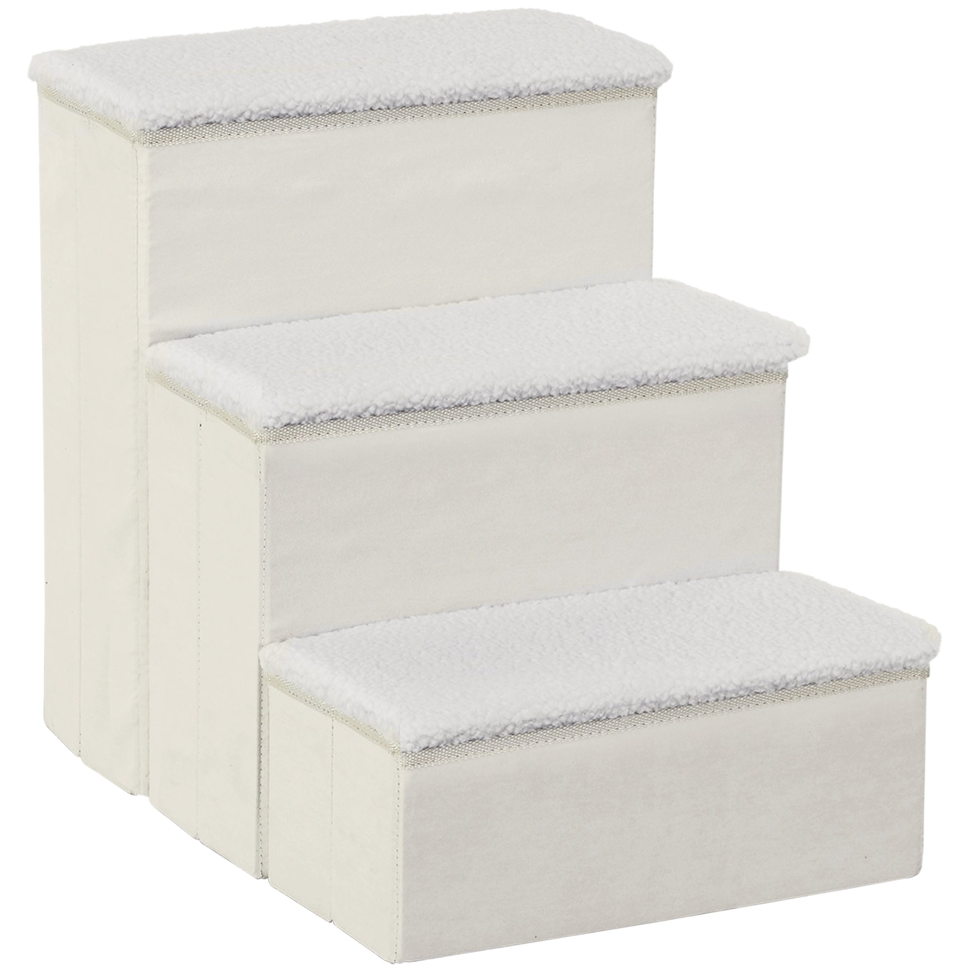 3-Step Dog Stairs with Storage Compartment, Foldable and Washable, 40x54x48 cm, White