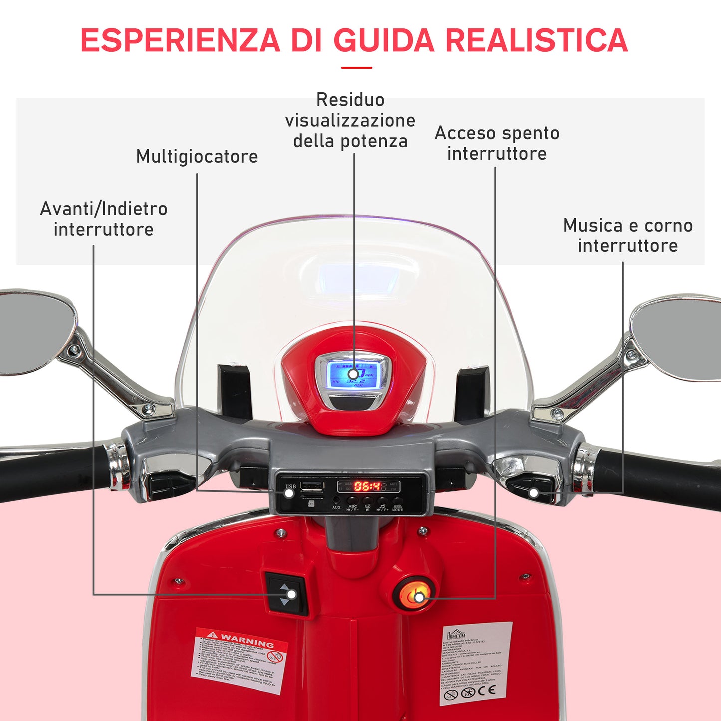 Electric Motorcycle for Children with Official Vespa License, 2 Wheels, Lights and Sounds, 108x49x75 cm, Red