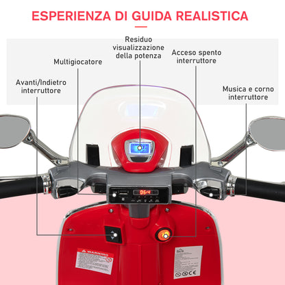 Electric Motorcycle for Children with Official Vespa License, 2 Wheels, Lights and Sounds, 108x49x75 cm, Red