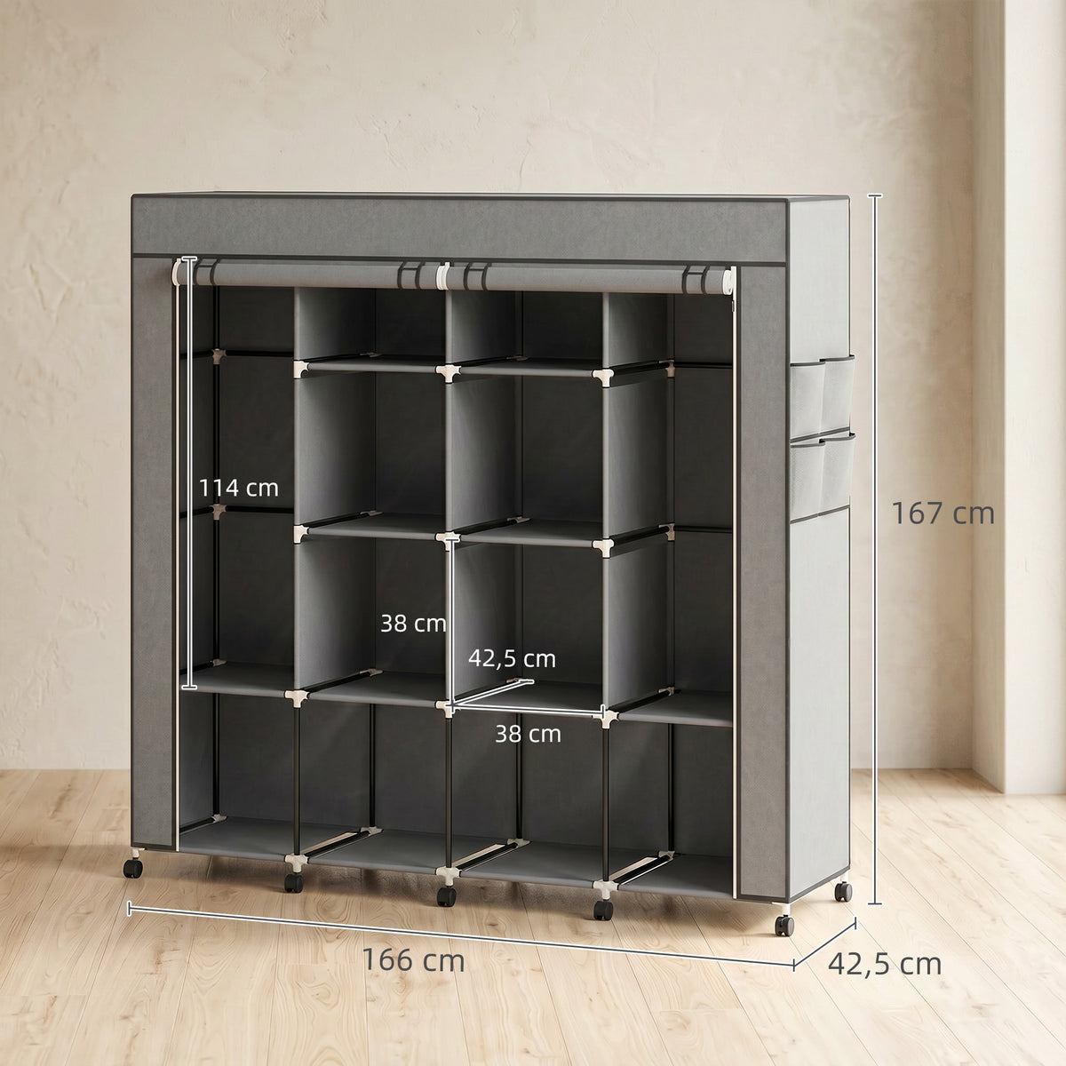 HOMCOM Portable Non-Woven Fabric and Steel Wardrobe with Wheels, 10 Compartments and 2 Hanging Rails, Dark Grey