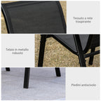 Garden Chairs Set of 4 Pieces with Armrests, in Metal and Breathable Fabric, 70x54x90cm, Black