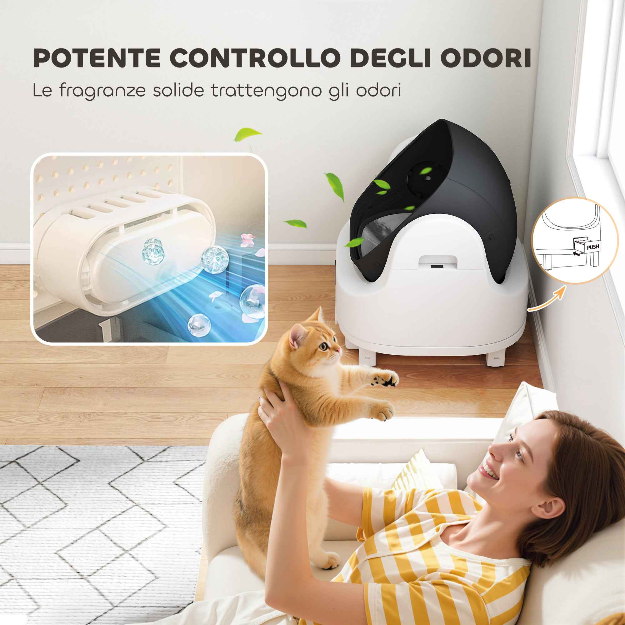 PawHut Self-Cleaning Cat Litter Box with Open Design, Safety Sensors and Deodorizer, White