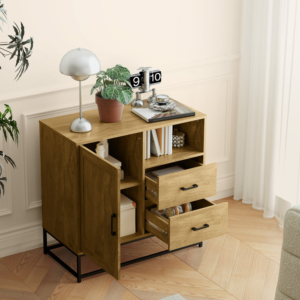 Modern Sideboard with 2 Drawers, Adjustable Cabinet and Open Shelf, in Wood and Steel, 80x40x78 cm, Brown