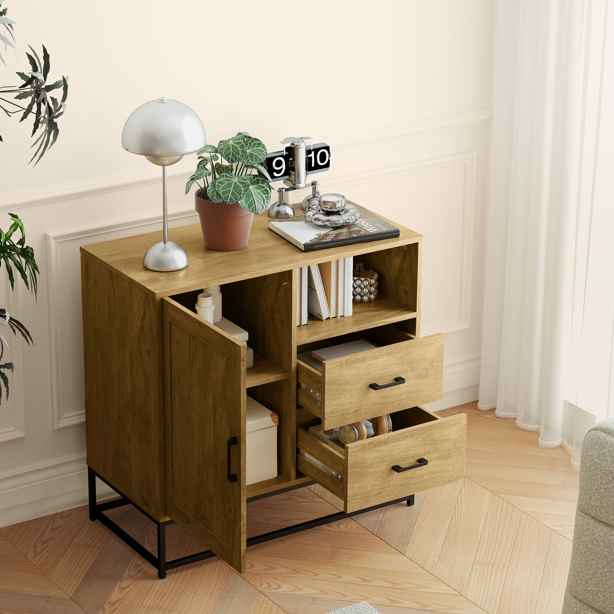 Modern Sideboard with 2 Drawers, Adjustable Cabinet and Open Shelf, in Wood and Steel, 80x40x78 cm, Brown