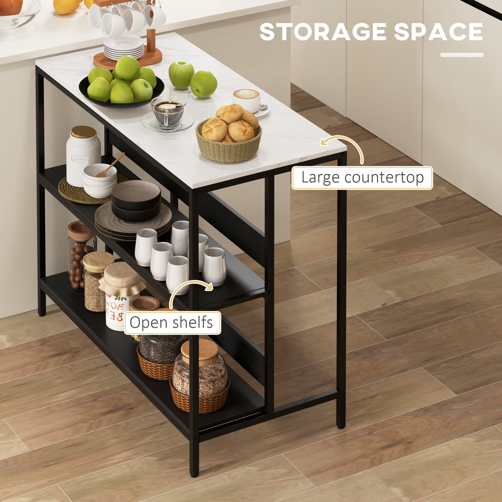 Homcom kitchen island with shelves, marble effect and metal structure, 100x50x90cm, black and white - Borgè
