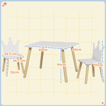 Children's Table and 2 Chairs Set with Crown Backrest, Ages 3-6 Years, White