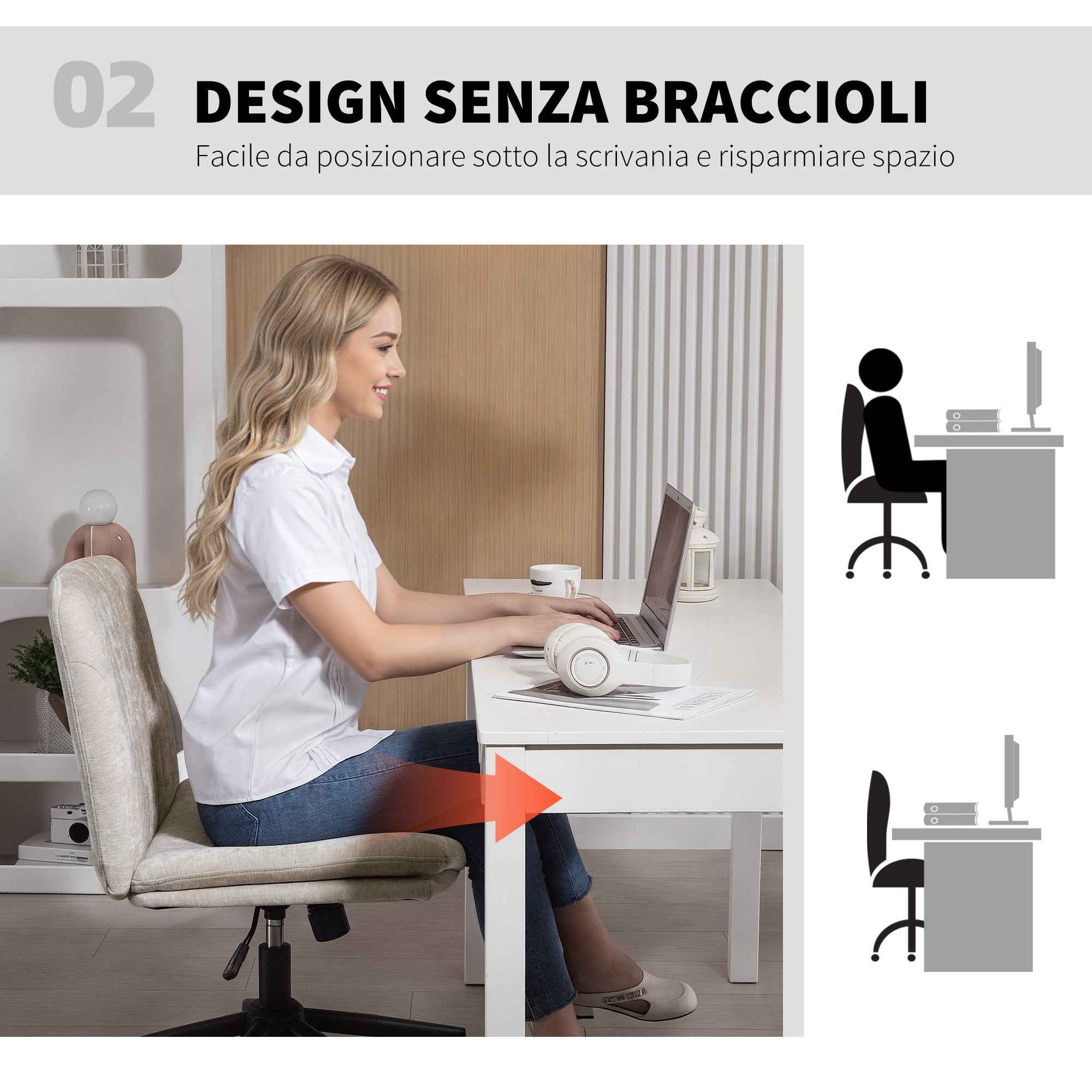 HOMCOM Adjustable Office Chair, Tilting and Swivel, Chenille Fabric and Steel, 62x67x83-93 cm, Beige