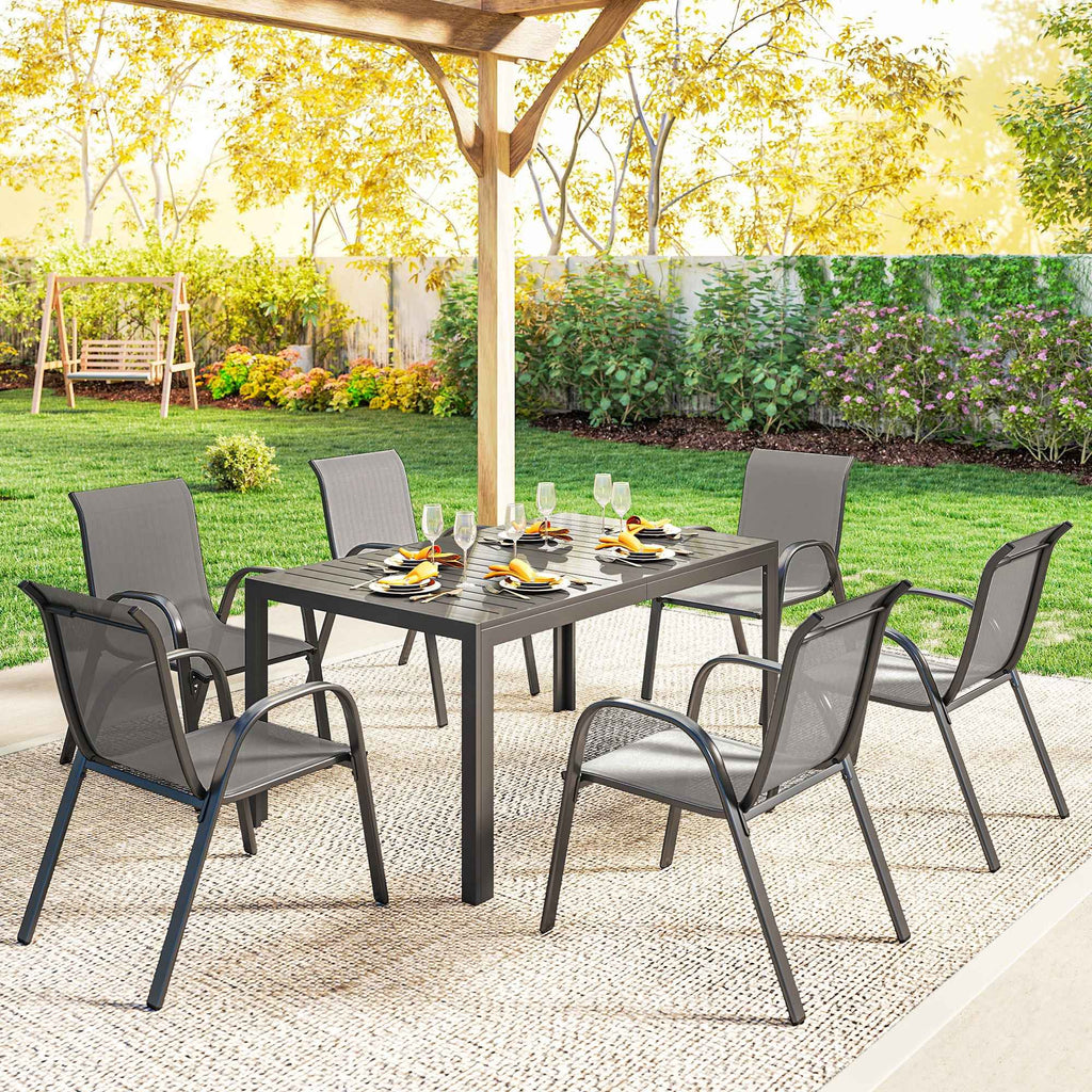 Outsunny Steel Outdoor Set with Rectangular Table and 6 Stackable Texteline Chairs, Light Grey