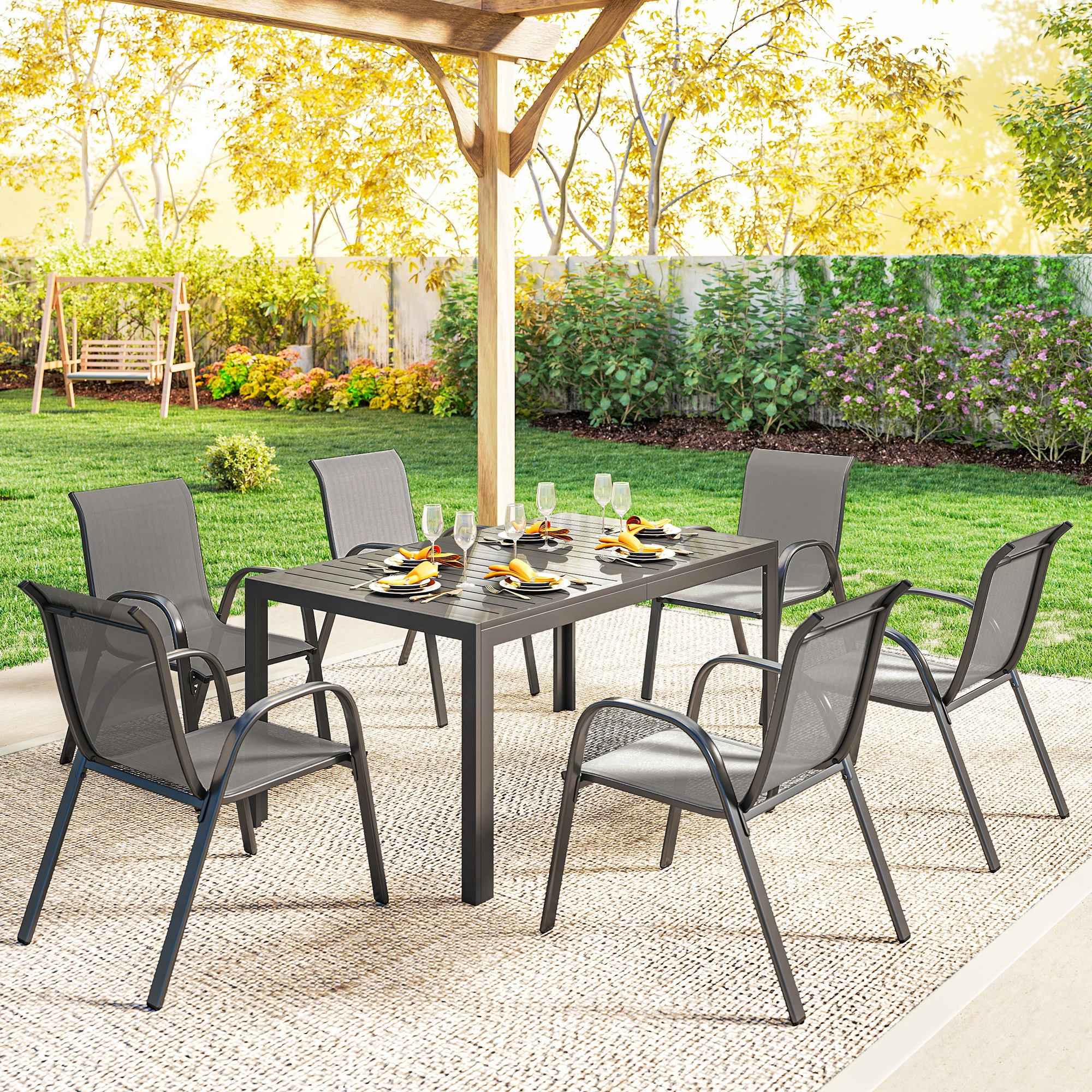 Outsunny Steel Outdoor Set with Rectangular Table and 6 Stackable Texteline Chairs, Light Grey
