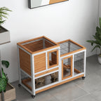 PawHut Wooden Rabbit Hutch with Wheels, Removable Trays and House with Ramp, 110x50x88 cm, Yellow and White
