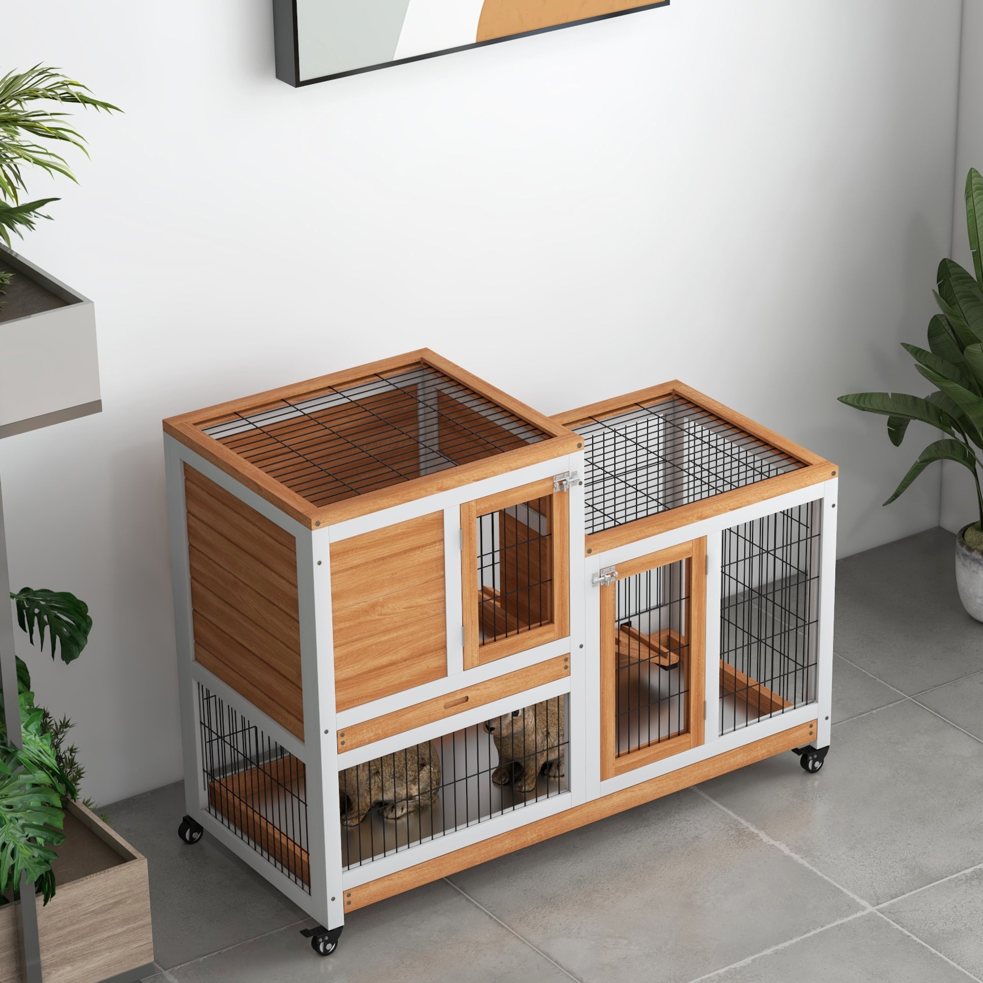 PawHut Wooden Rabbit Hutch with Wheels, Removable Trays and House with Ramp, 110x50x88 cm, Yellow and White