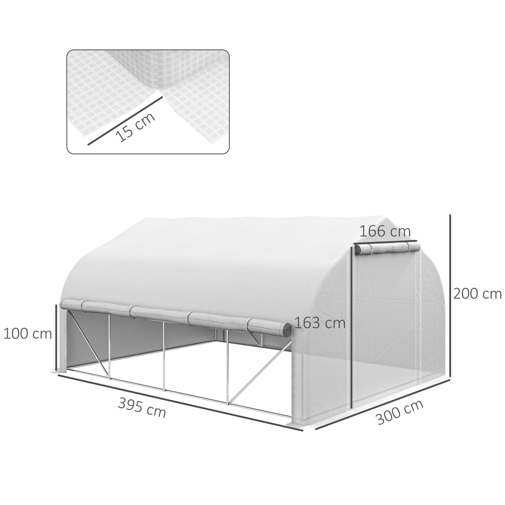 Outsunny 4x3m Tunnel Garden Greenhouse with PE Cover, Door and 8 Roller Windows, White - Borgè