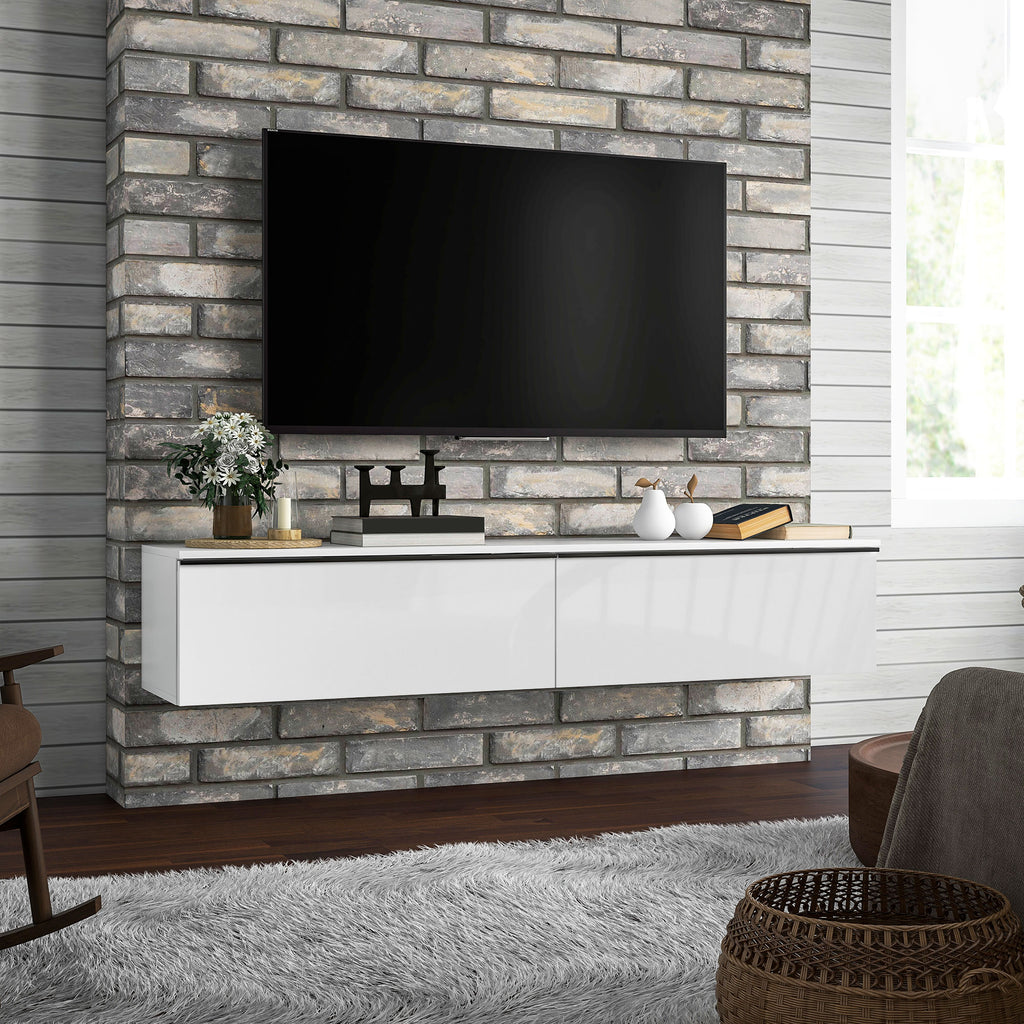 Wall-Mounted TV Cabinet with Wooden Drop-Door Cabinets, 160x35x30 cm, Gloss White