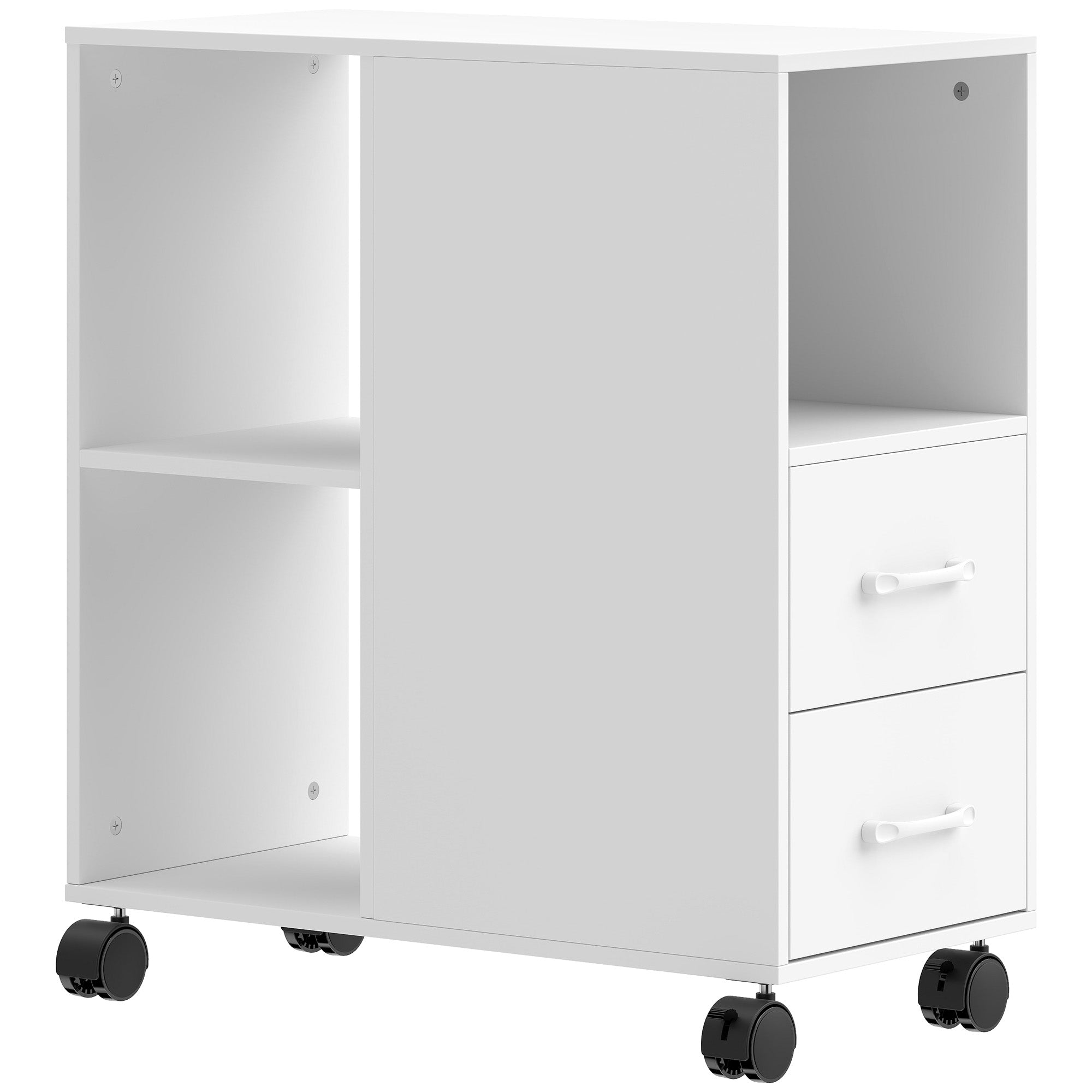 HOMCOM Minimalist Side Table with Wheels, 2 Drawers, Open Compartment and Adjustable Shelf, Wooden, 60x30x65 cm, White