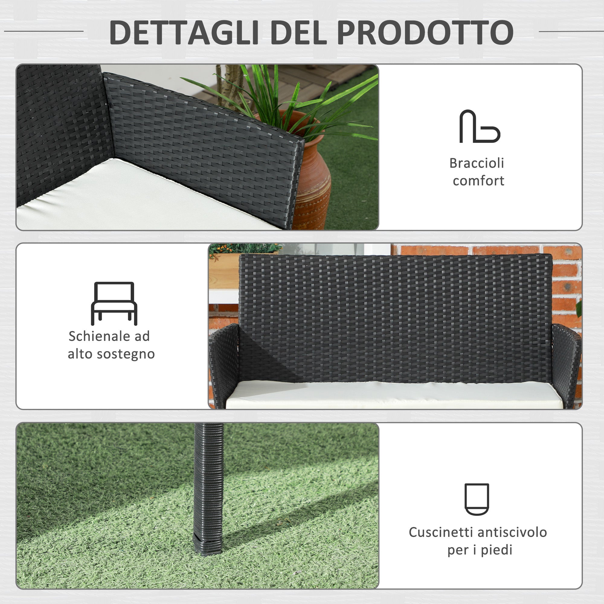 Comfortable 2-Seater Garden Sofa: PE Rattan, Steel, Cushioned, Armrests - Black - Borgè