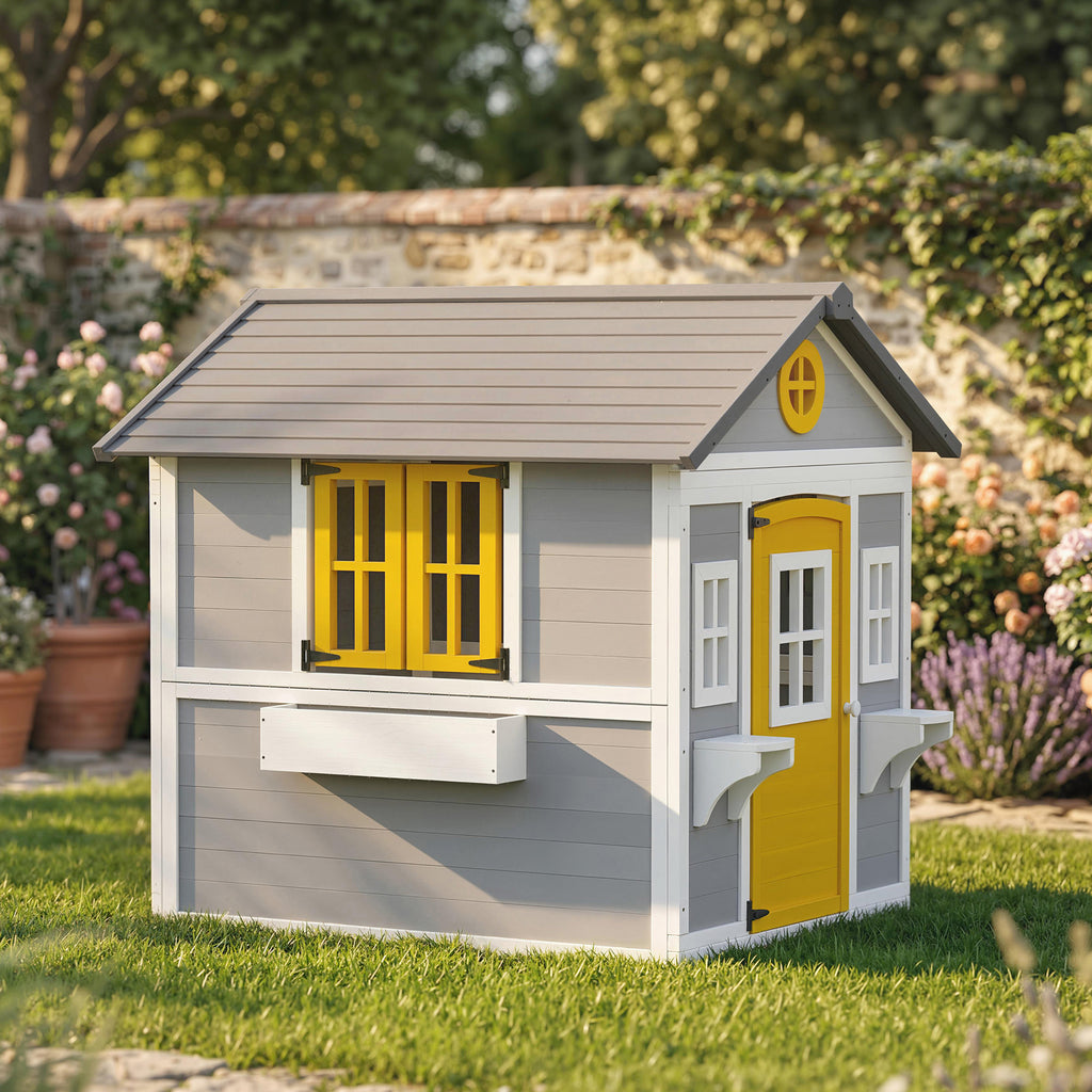 Outsunny Wooden Garden Playhouse for Children Ages 3-8 with Windows, Sloped Roof, Pots and Planters, Grey