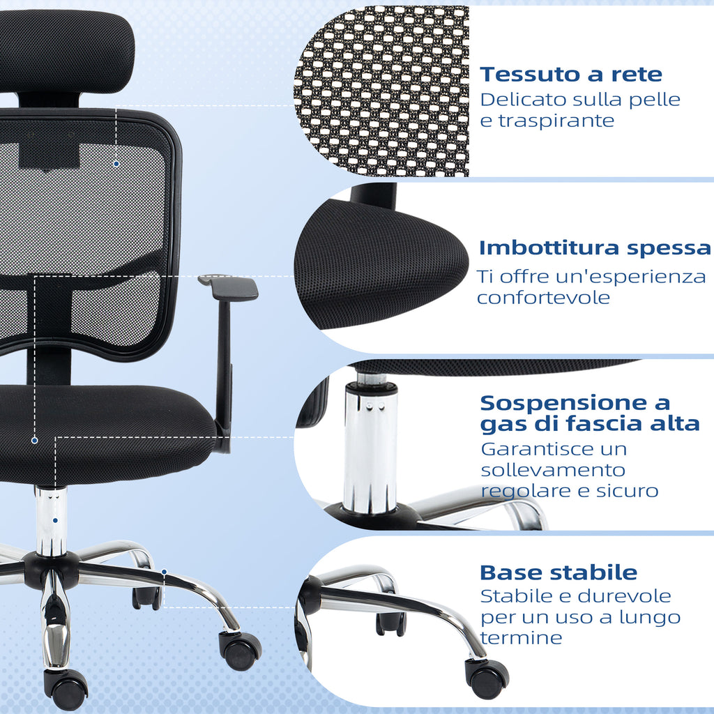 Ergonomic Office Chair with Adjustable Seat and Headrest, in Polyester and Steel, 63x62x106-114 cm, Black