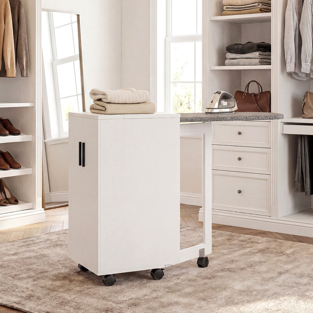 Folding Ironing Board with Wheels, Adjustable Shelf, Soft Close, Wood and Fabric, 128x43x83 cm, White