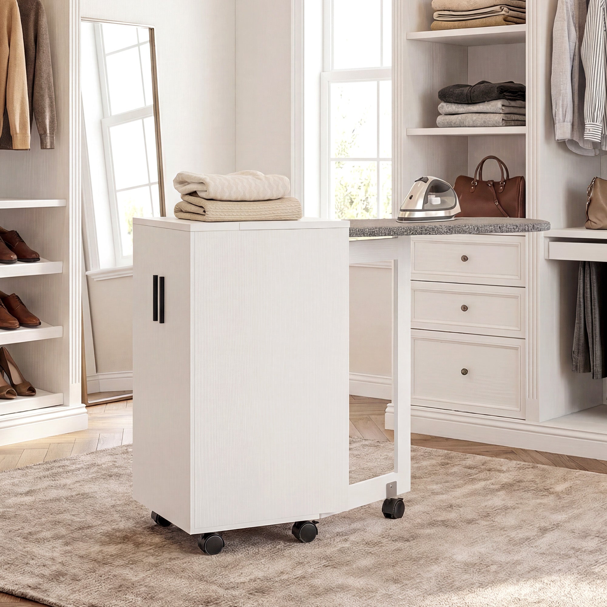 Folding Ironing Board with Wheels, Adjustable Shelf, Soft Close, Wood and Fabric, 128x43x83 cm, White