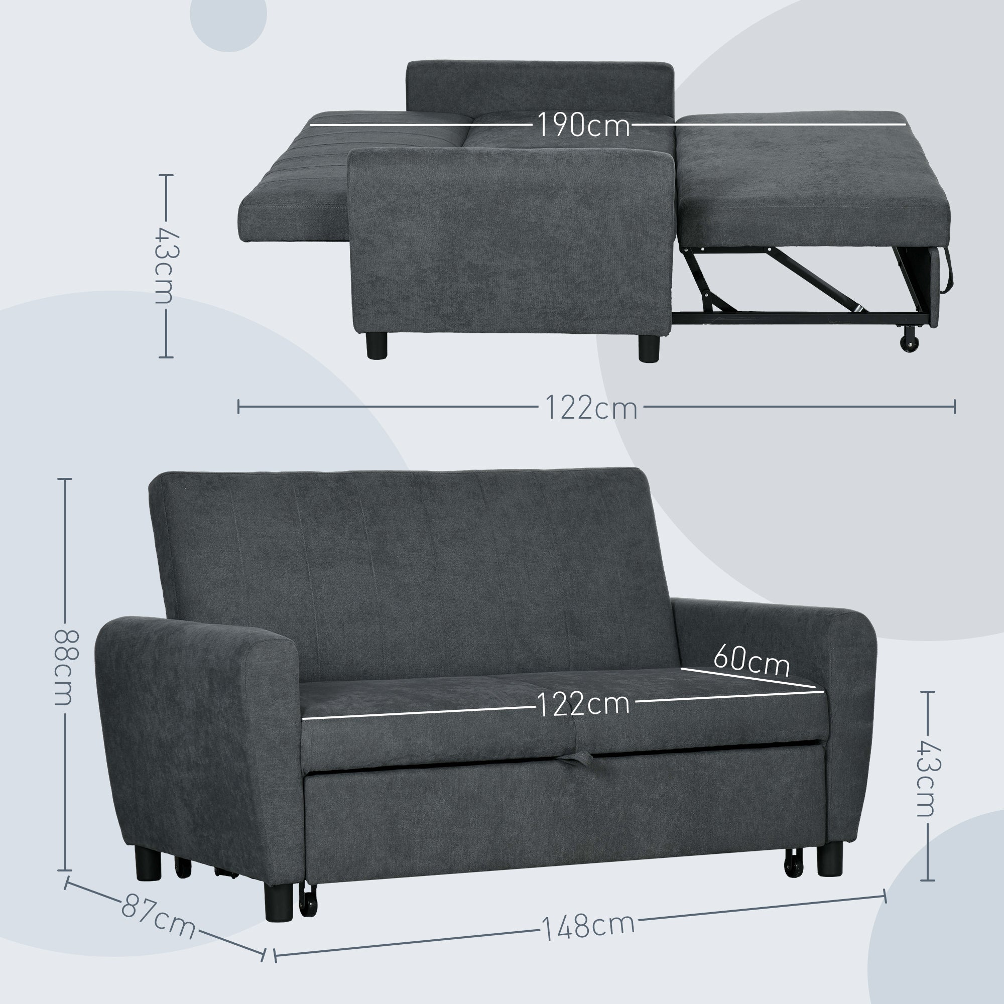 Sofa Bed with 3-Level Adjustable Backrest, in Velvet Effect Fabric, 148x87x88 cm, Grey