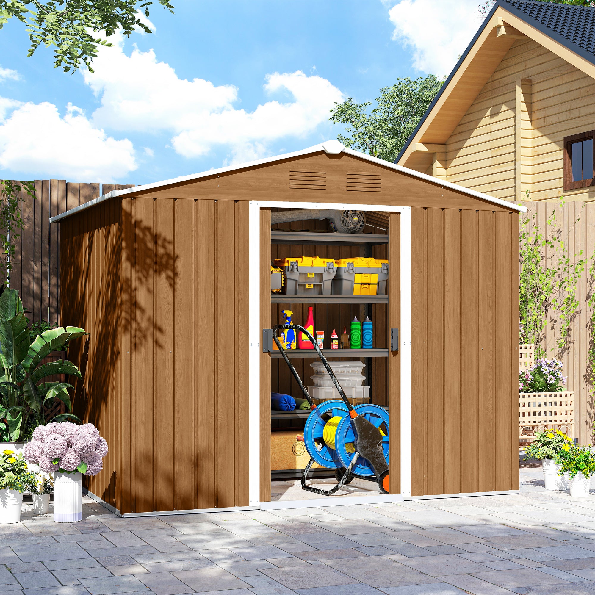 Steel Sheet Garden Shed with Sliding Doors, 236x174x190cm, Brown
