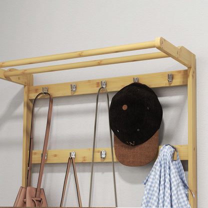 3 in 1 Bamboo Clothes Hanger with 10 Hooks, 2 Rods and Shoe Rack Bench, 70x31x170 cm, Brown