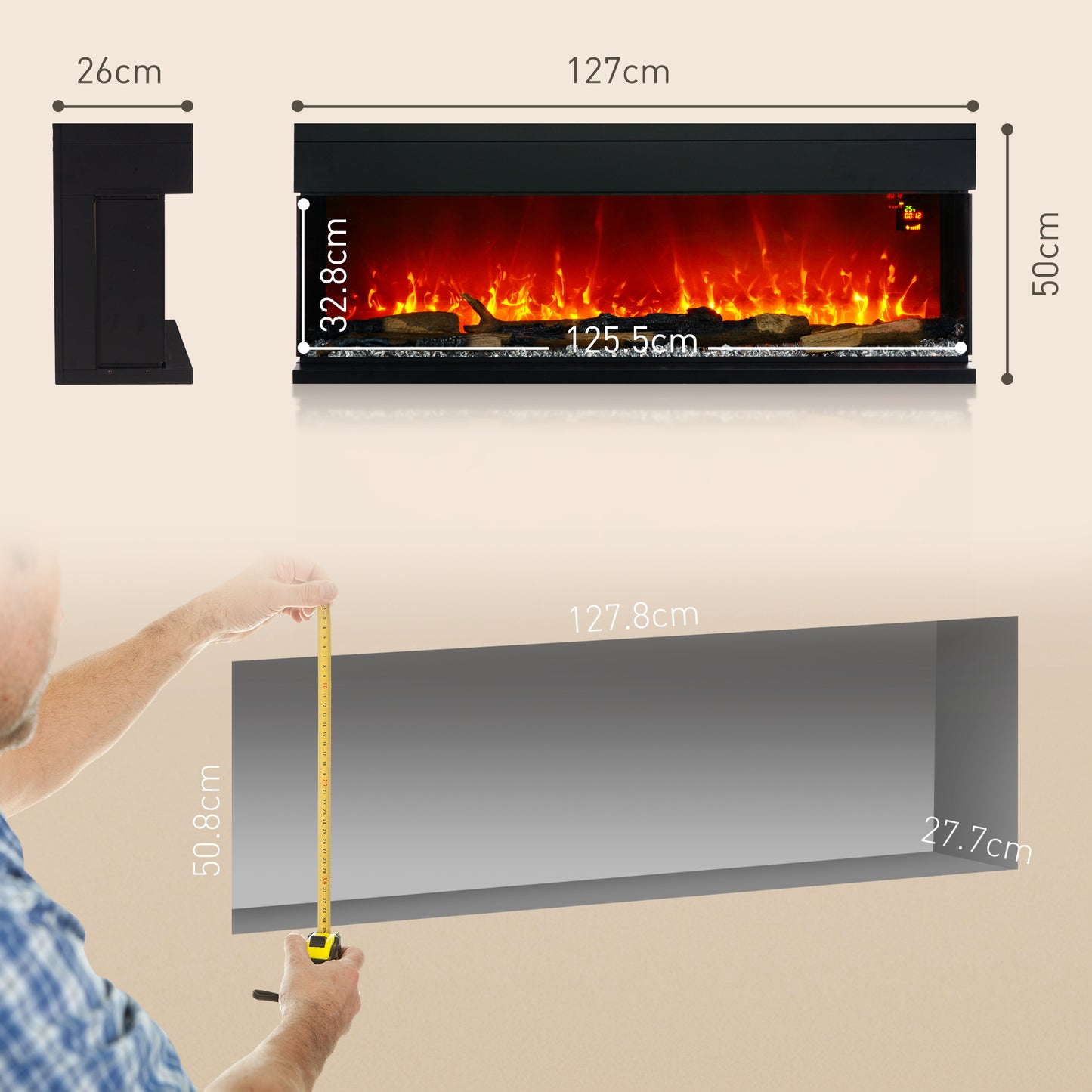 Built-in and Wall Electric Fireplace 1800W with Adjustable LED Colored Flames, Temperature up to 40°C, Black