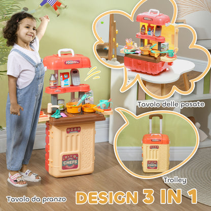 Kitchen 36-Piece 3-in-1 Children's Play Set with Cutlery Table, Dining Table and Trolley, PP and ABS, 48x26x64 cm