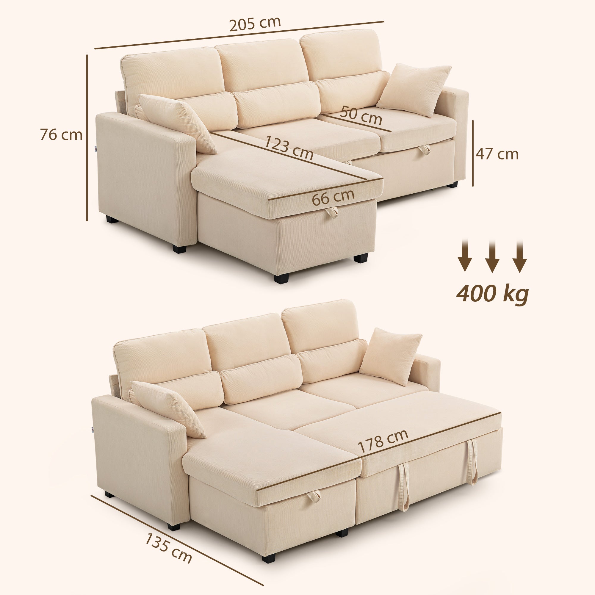 Corner Sofa Bed with Storage, Corduroy Upholstery and 2 Cushions, 205x135x76 cm, Beige
