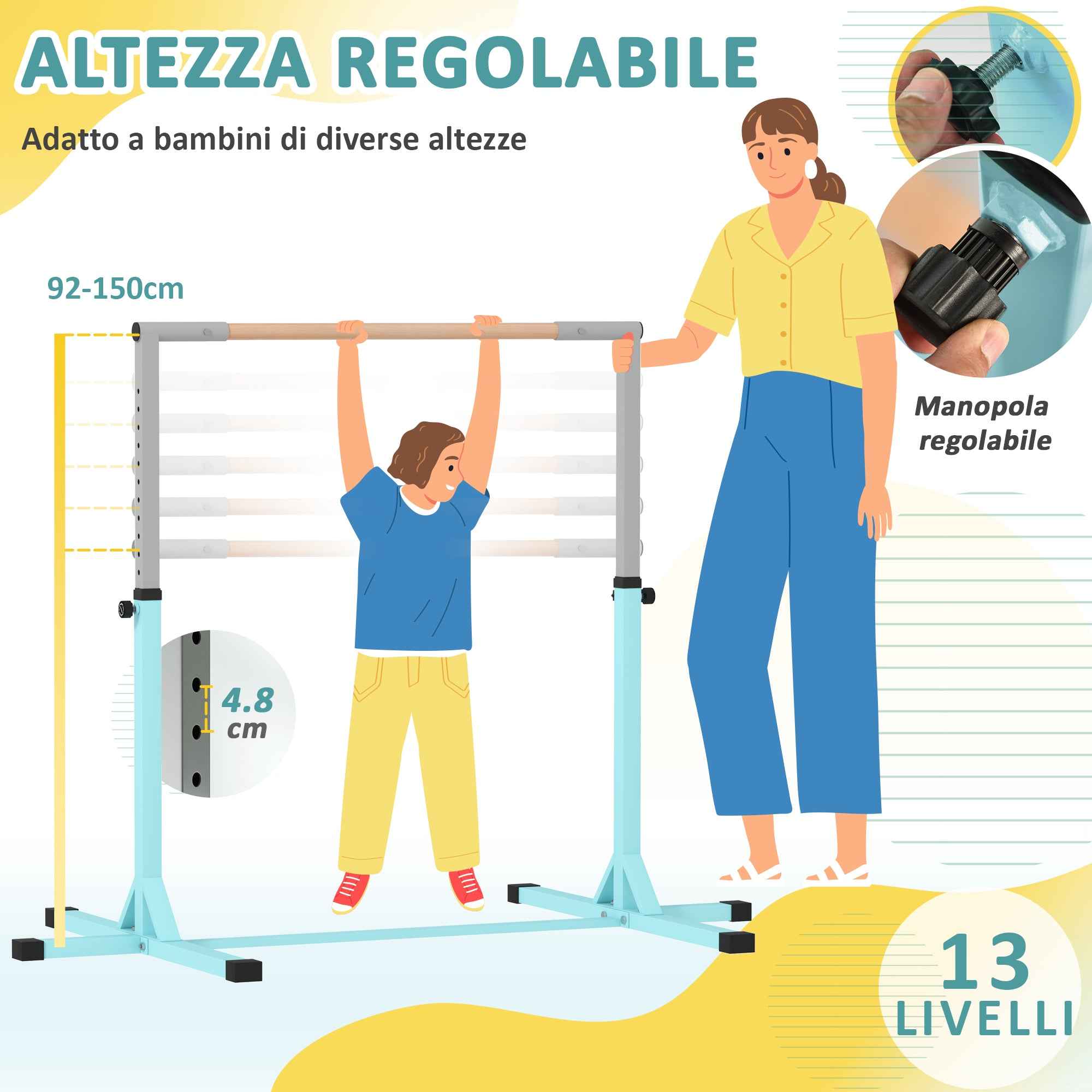 HOMCOM Height-Adjustable Gymnastics Bar for Children Ages 3+, Made of Steel and Solid Beech Wood, Light Blue
