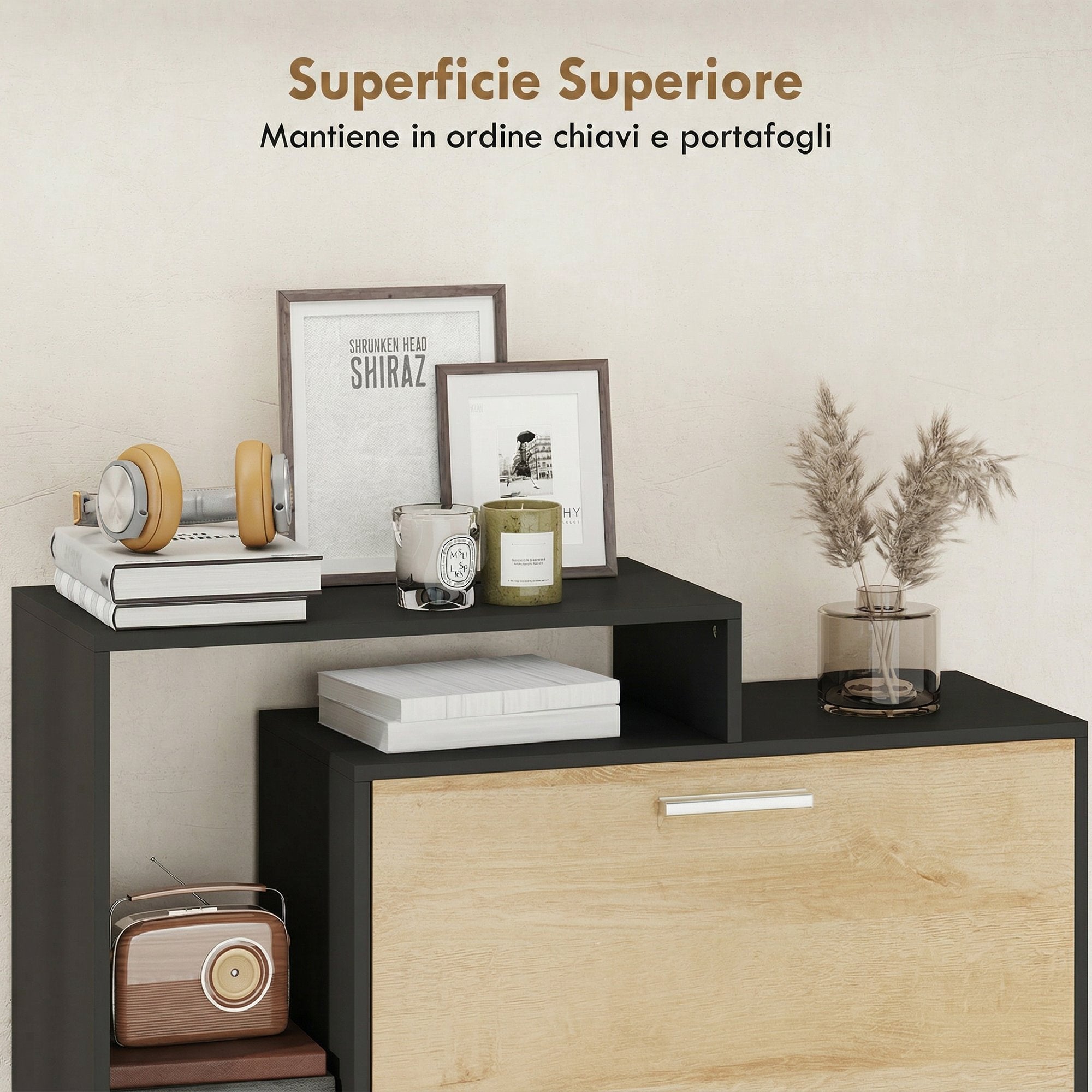 HOMCOM Shoe Cabinet: 2 Flap Drawers, Shelves, Black and Natural Wood.