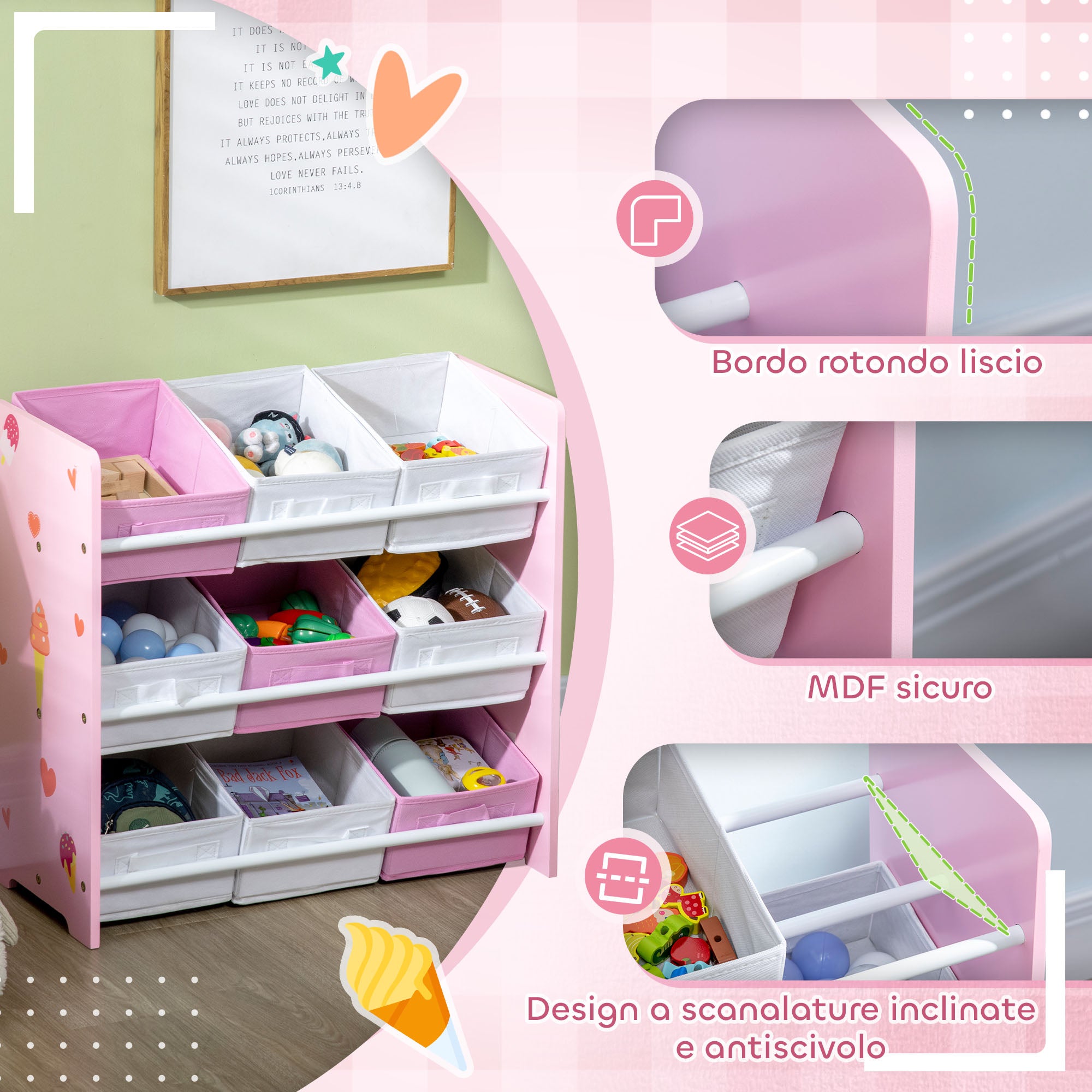 Toy Cabinet with 9 Removable Baskets in Wood and Fabric, 63x30x60 cm, Pink and White