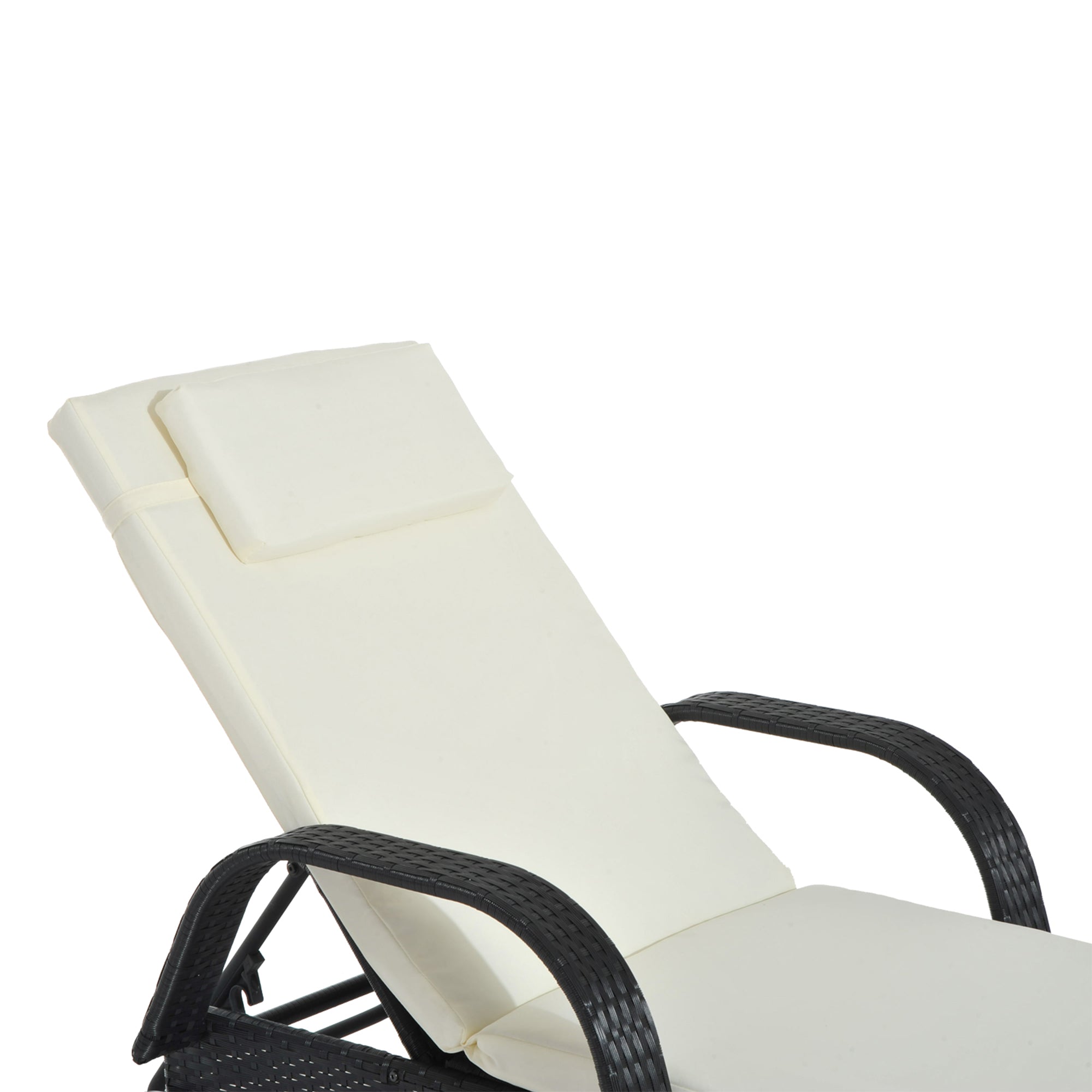 Garden Sun Lounger with Wheels, Height-Adjustable Rattan Beach Chair, Black and Cream, 200x73x103cm