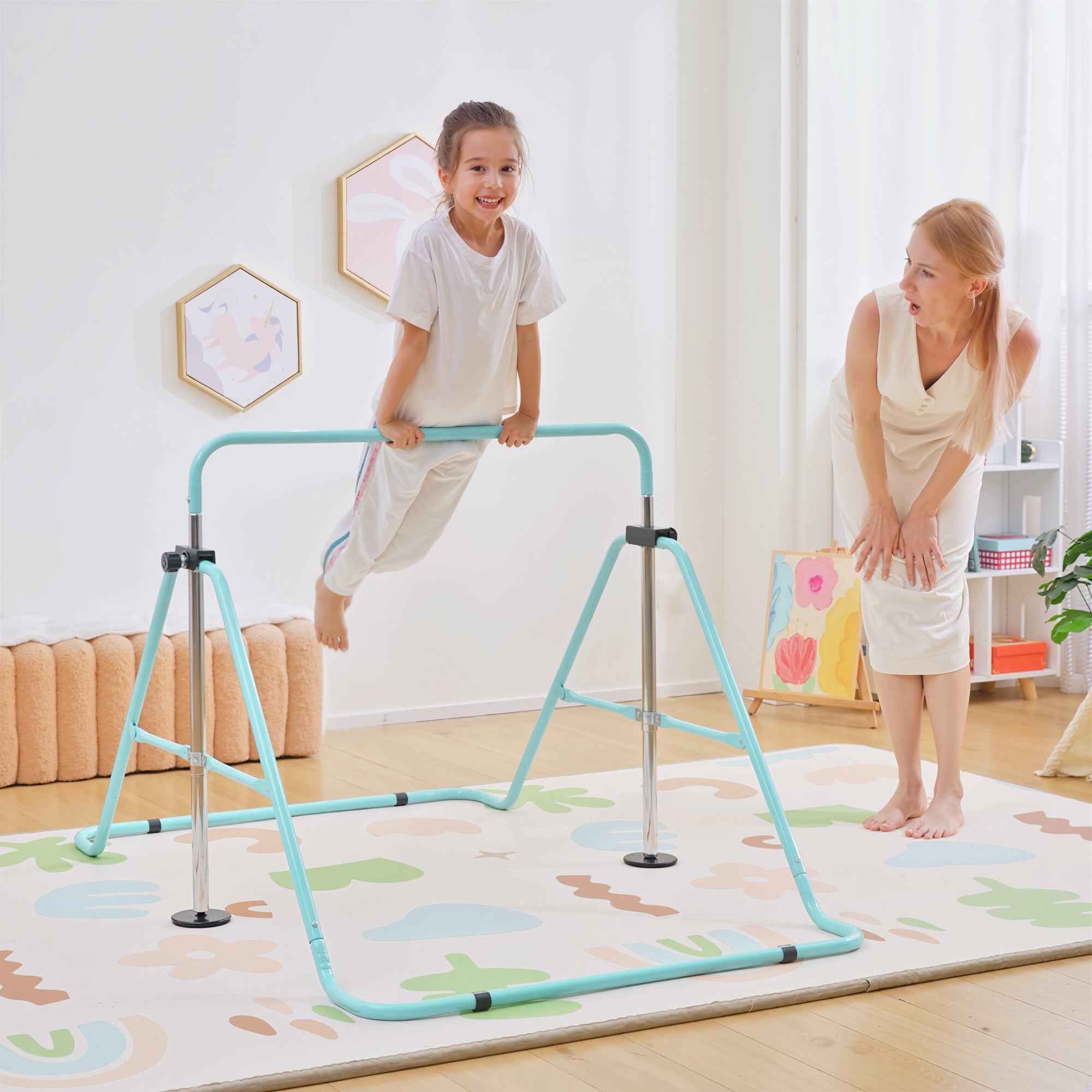 HOMCOM Gymnastics Bar for Children Ages 3+ with 5-Position Adjustable Heights in Steel, Green