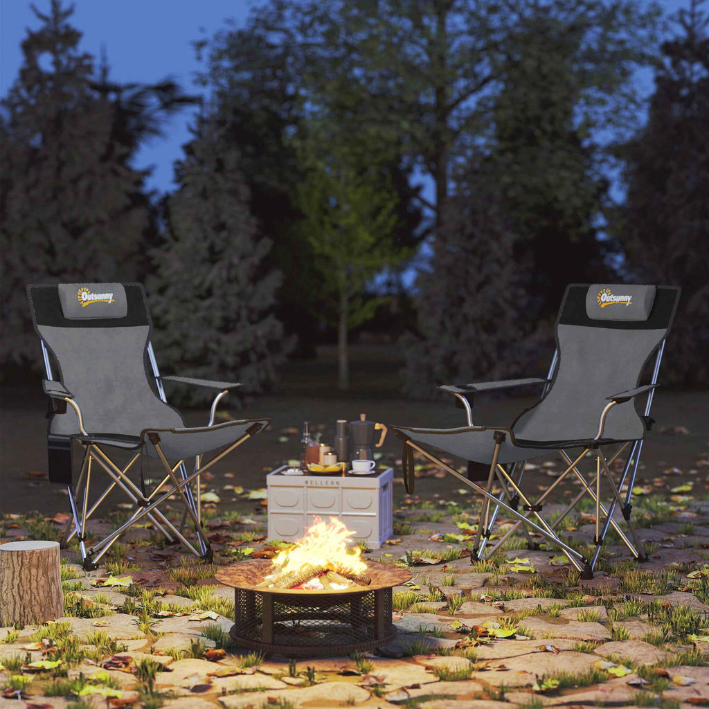 Outsunny Set of 2 Folding Camping Chairs with Footrest and Cup Holder, 82x50/100x88 cm, Grey