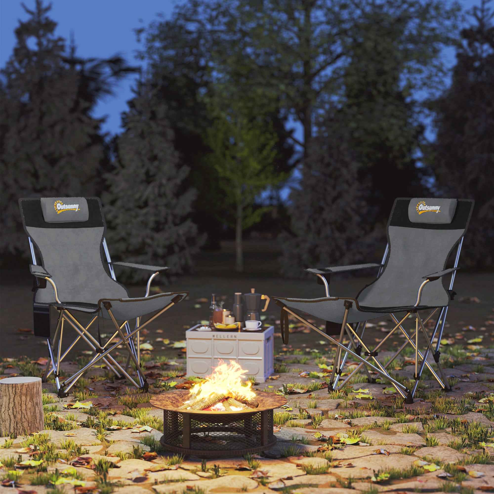 Outsunny Set of 2 Folding Camping Chairs with Footrest and Cup Holder, 82x50/100x88 cm, Grey
