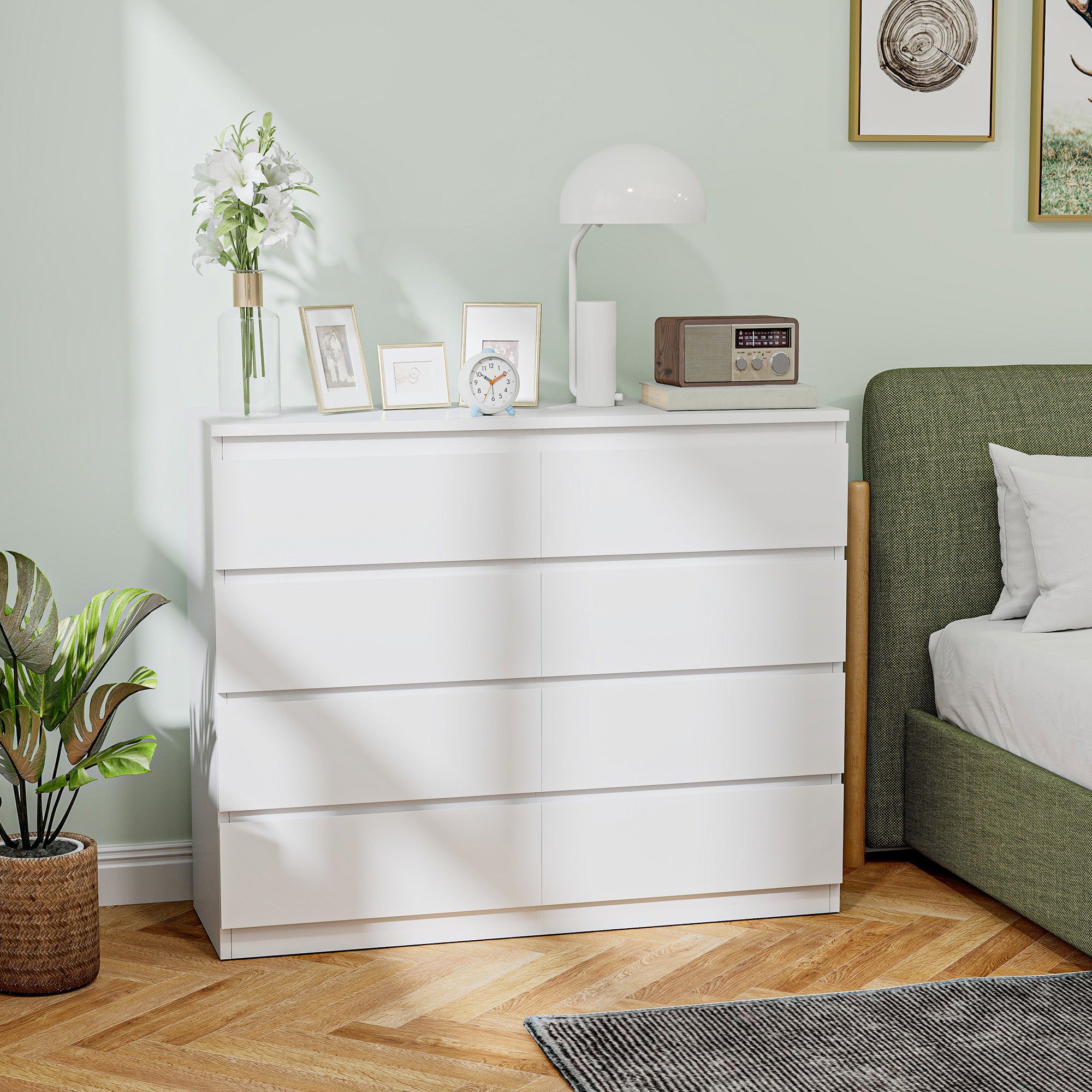 8 Drawer Chest of Drawers for Bedroom Wooden with Grooved Handles, 120x39x100 cm, White