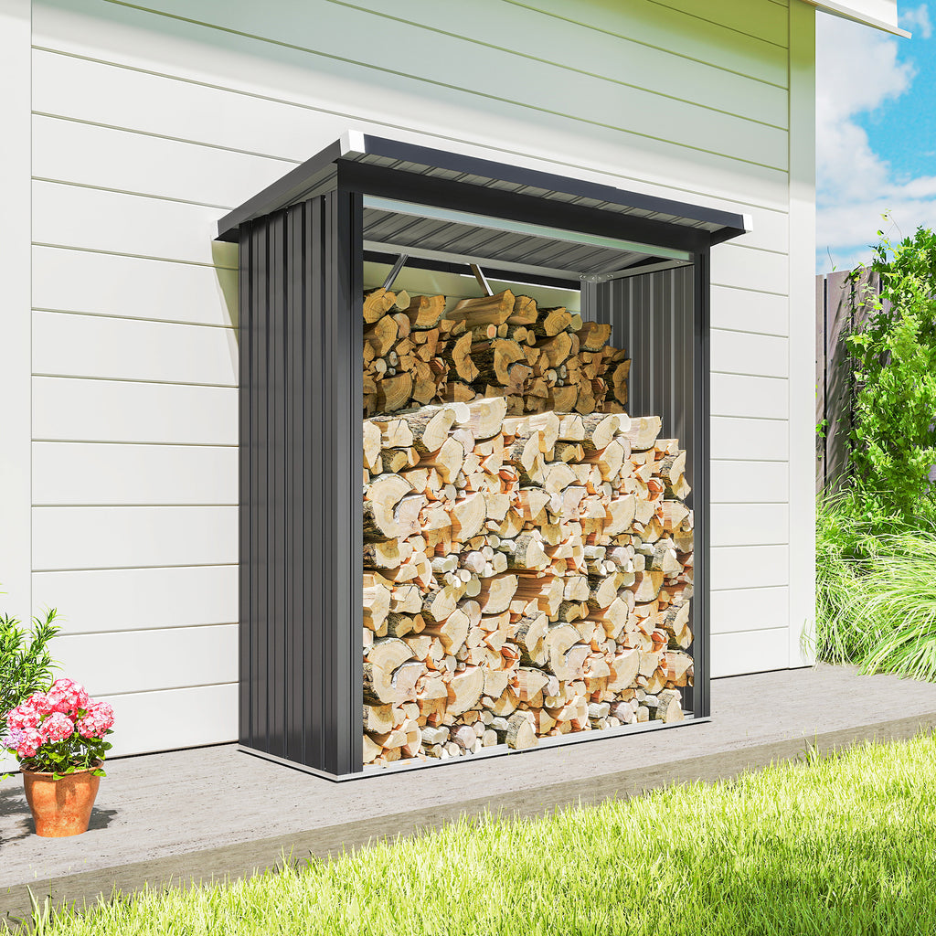 Outdoor Steel Log Shed, Raised Base and Sloped Roof, 150x66.5x150 cm, Dark Grey