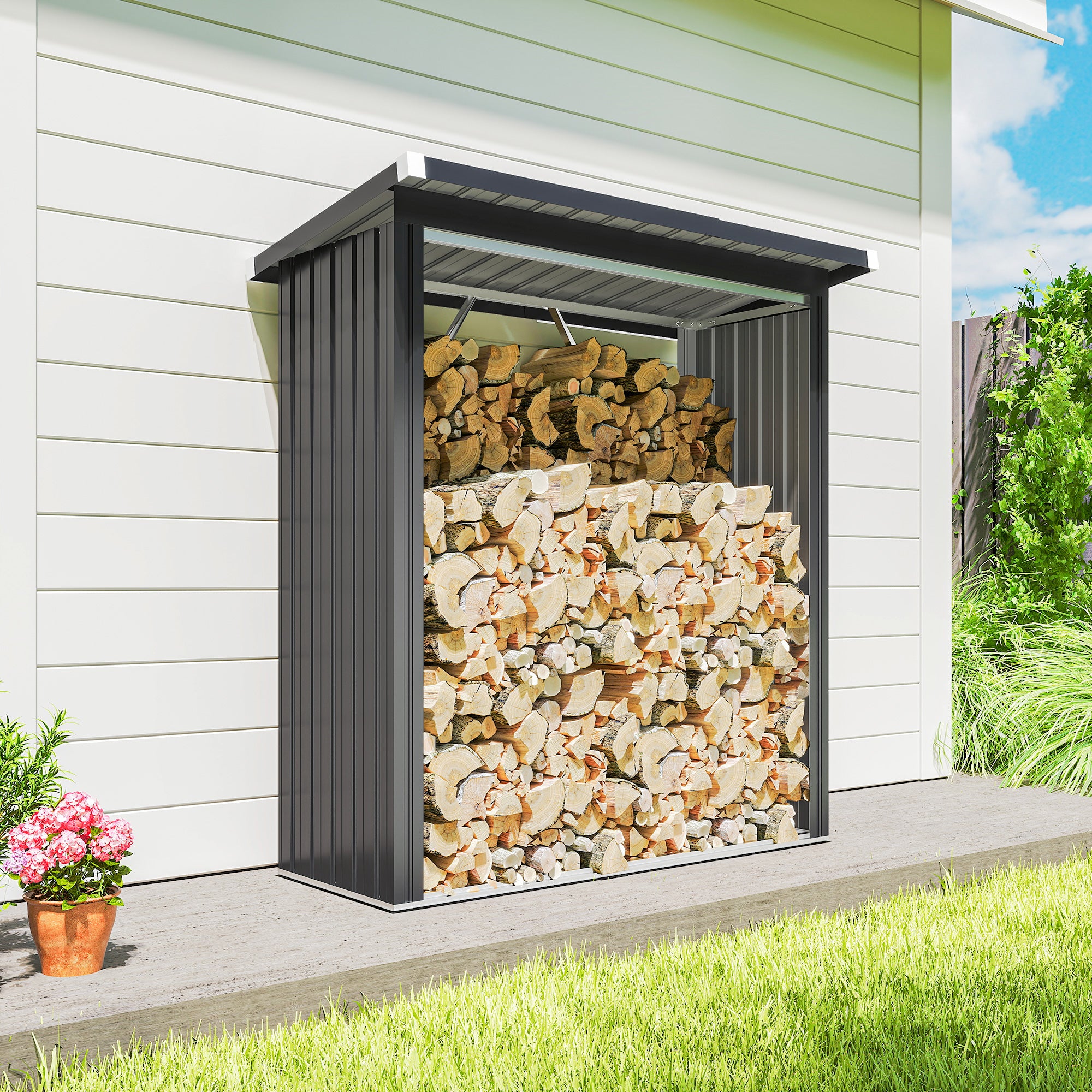 Outdoor Steel Log Shed, Raised Base and Sloped Roof, 150x66.5x150 cm, Dark Grey