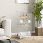PawHut Bird Cage, Aviary with Handle and Doors, Cage with Swing, Bowls and Toys, 46x36x100 cm, White