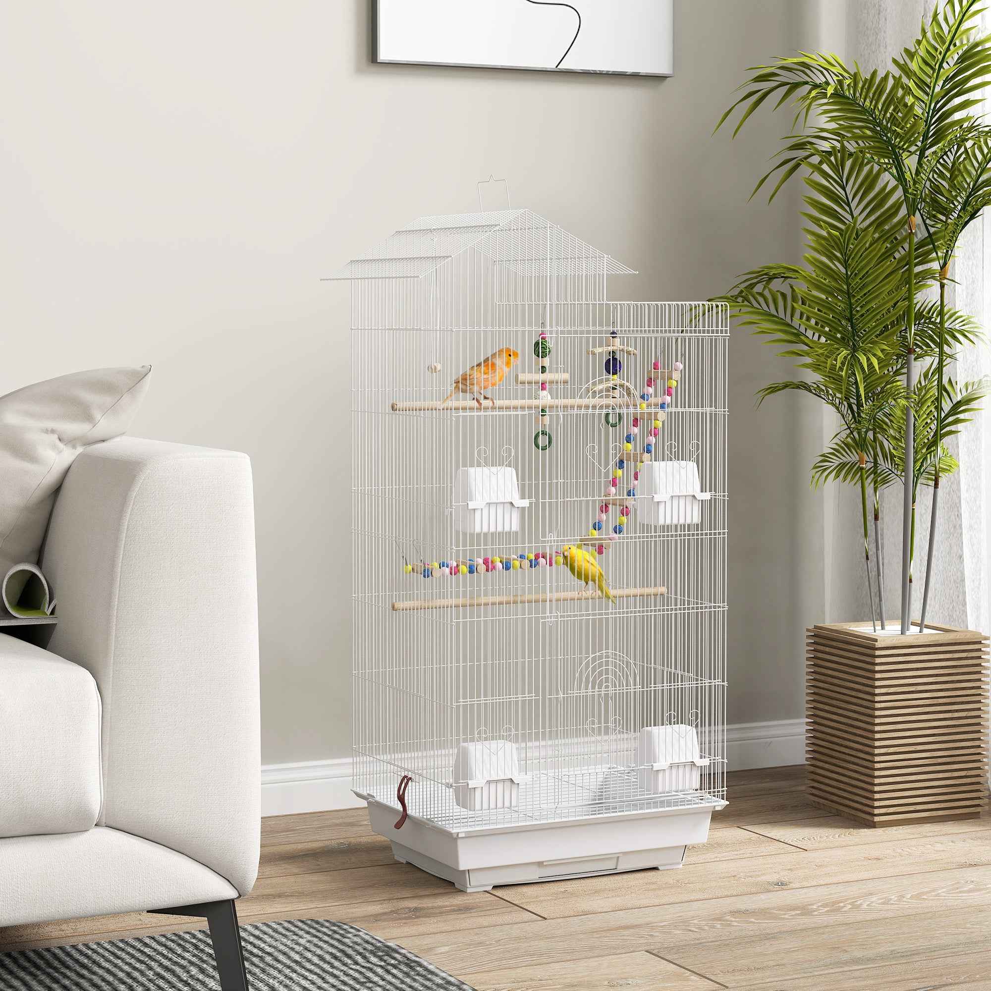 PawHut Bird Cage, Aviary with Handle and Doors, Cage with Swing, Bowls and Toys, 46x36x100 cm, White