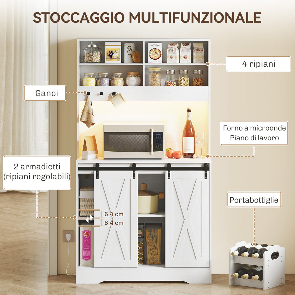 Kitchen Sideboard with Power Sockets, LED Light, Bottle Rack and Sliding Doors, 100x38x180 cm, White