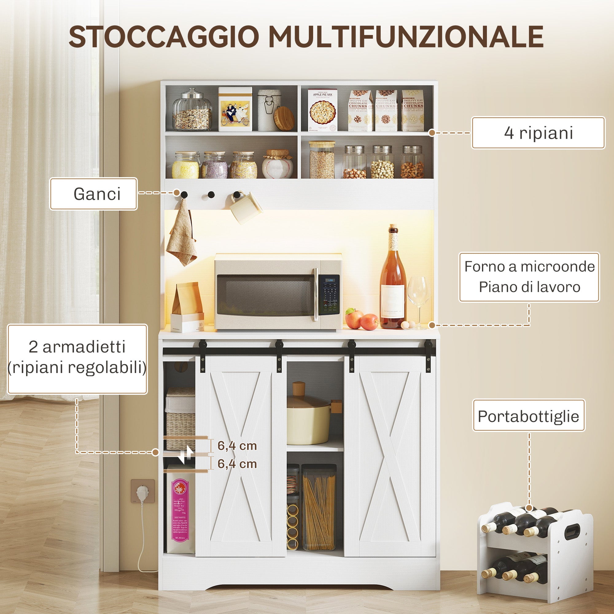Kitchen Sideboard with Power Sockets, LED Light, Bottle Rack and Sliding Doors, 100x38x180 cm, White
