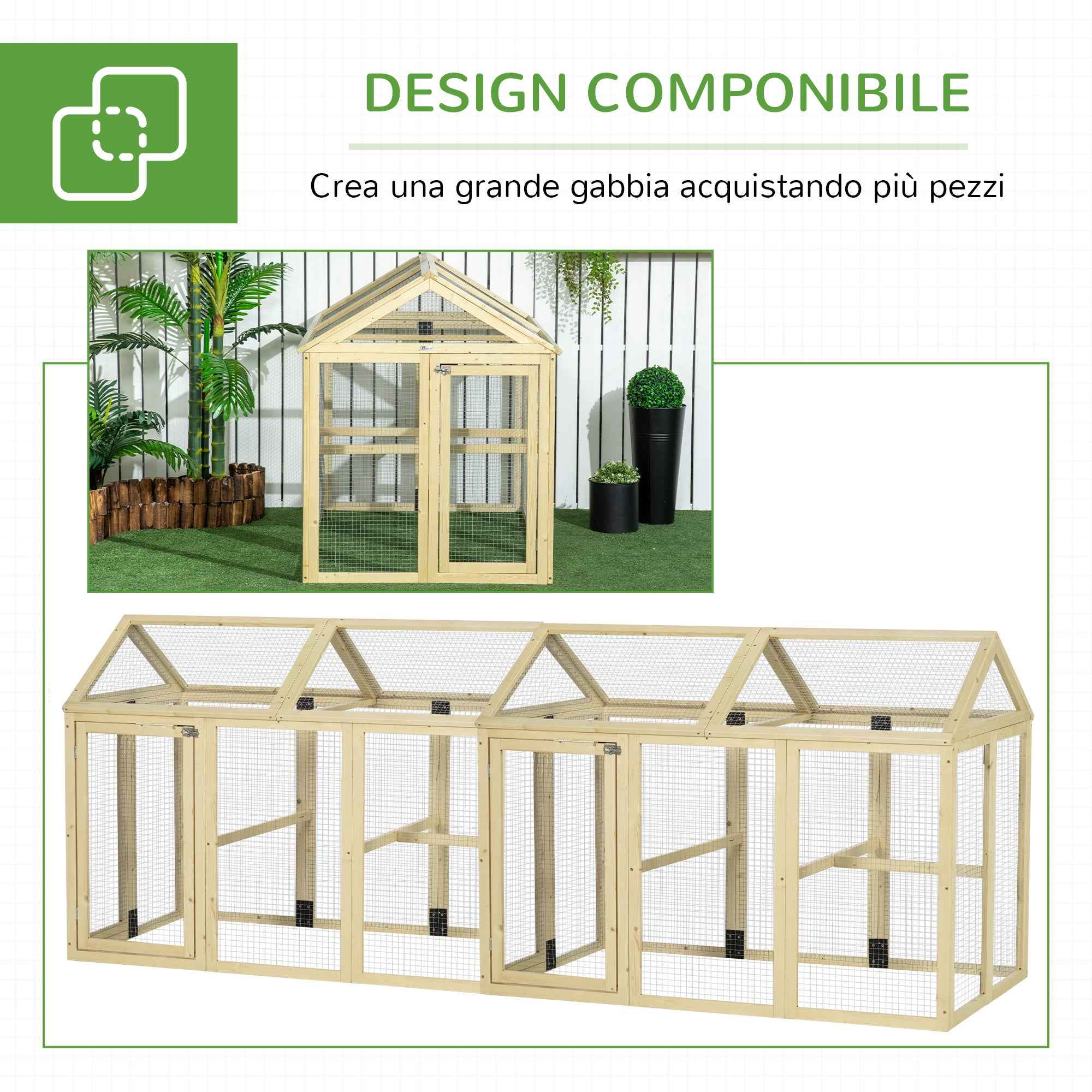 PawHut Outdoor Wooden Chicken Run with Multiple Doors and Metal Mesh, 140x88.5x106 cm, Wood Color