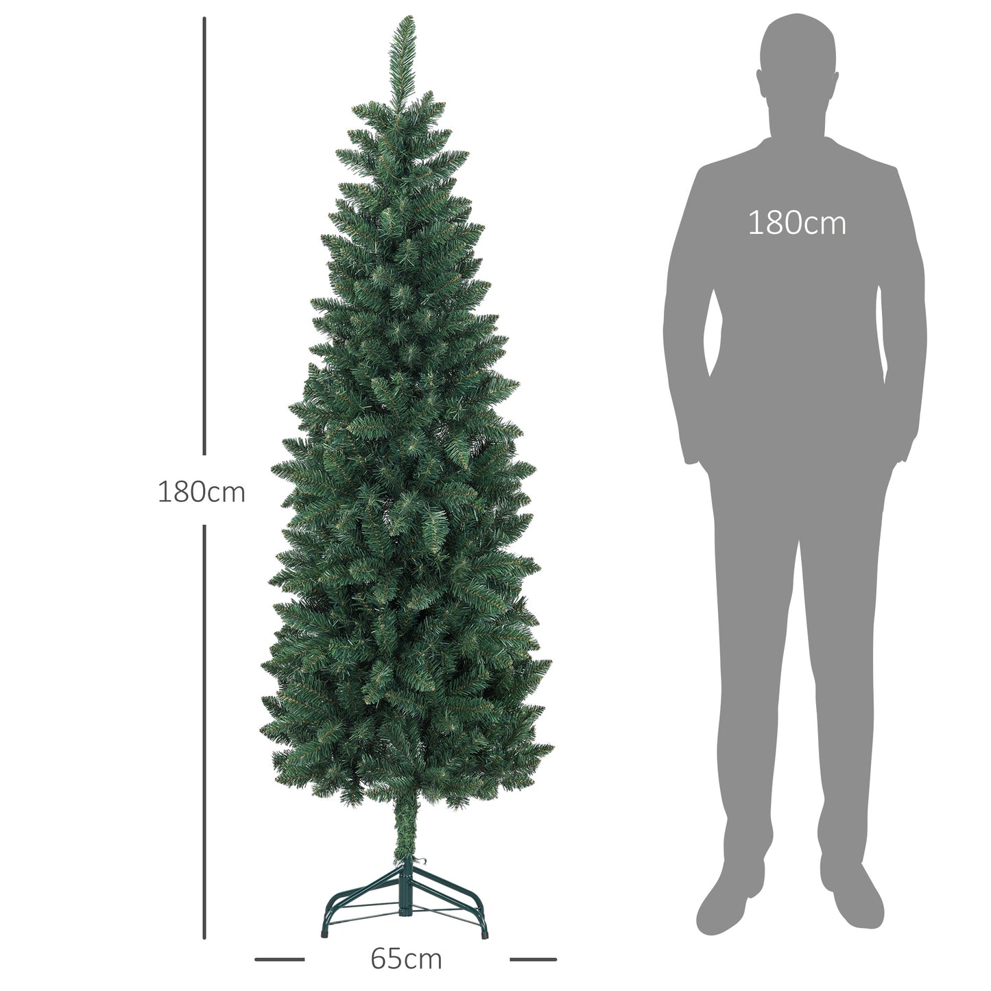 Artificial Christmas Tree 180cm with 479 Branches, Tall and Narrow Design with Folding Base, Green